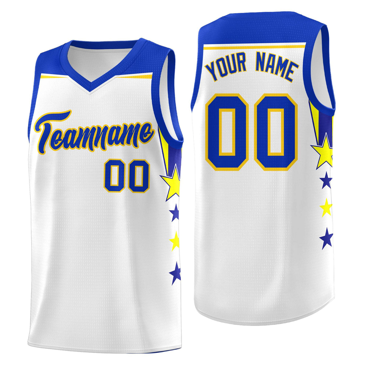 Custom Youth Basketball Uniform White Royal Two Tone Side Star Add Name Number &amp; Logo