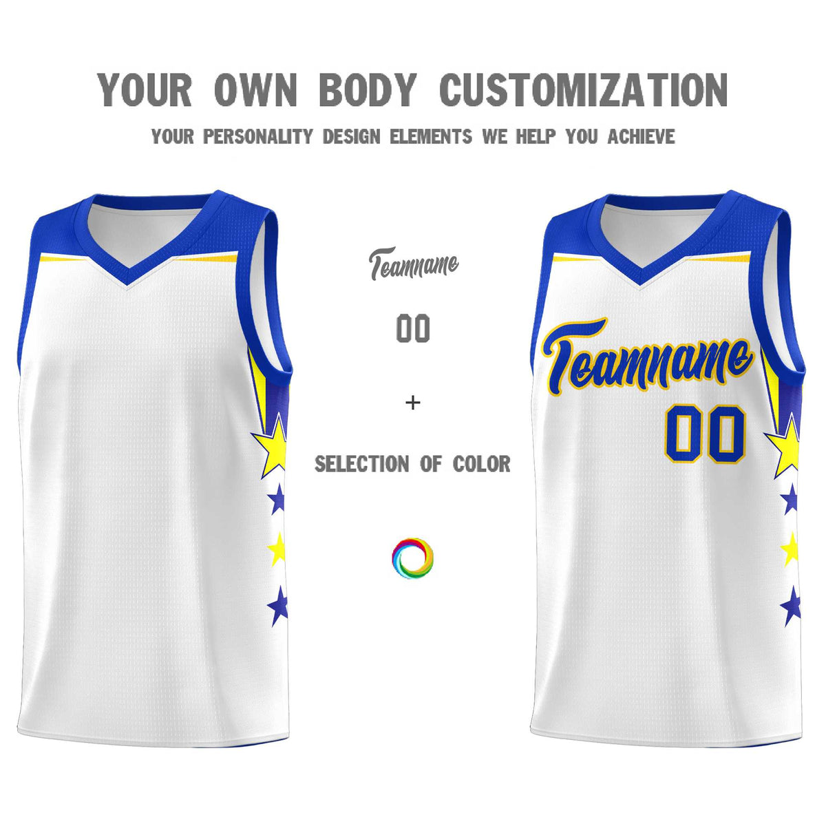 Custom Youth Basketball Uniform White Royal Two Tone Side Star Add Name Number &amp; Logo