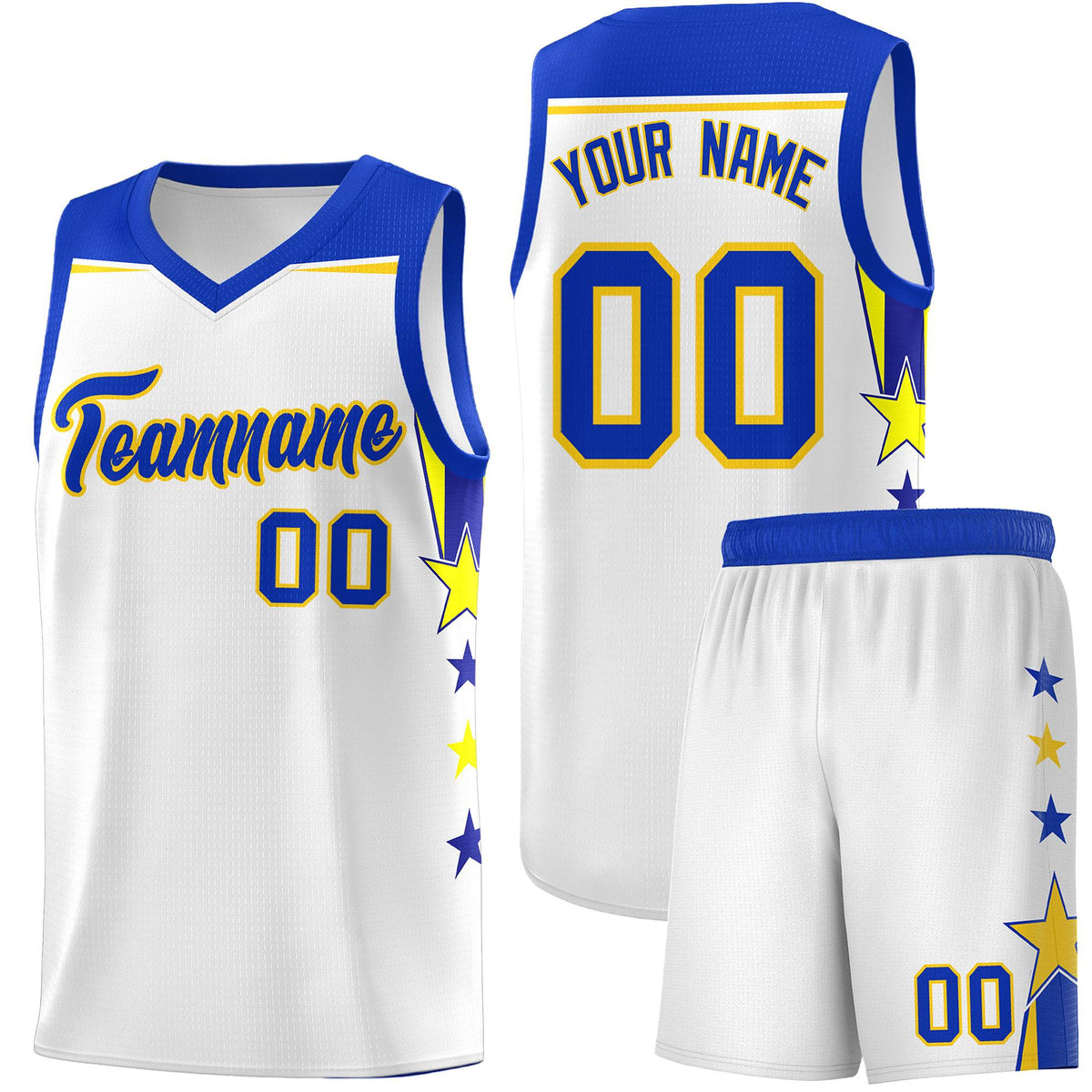 Custom Youth Basketball Uniform White Royal Two Tone Side Star Add Name Number &amp; Logo