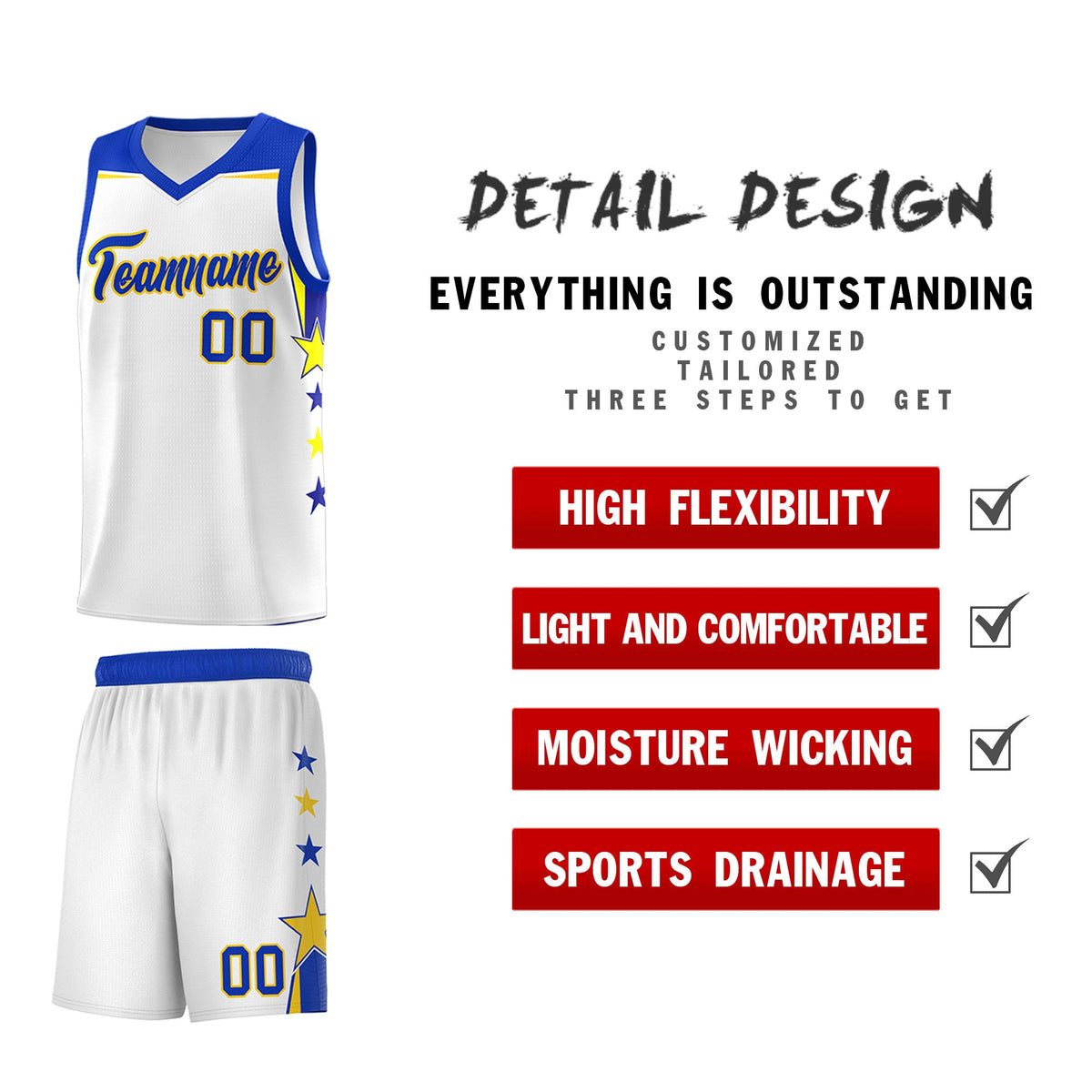 Custom Youth Basketball Uniform White Royal Two Tone Side Star Add Name Number &amp; Logo