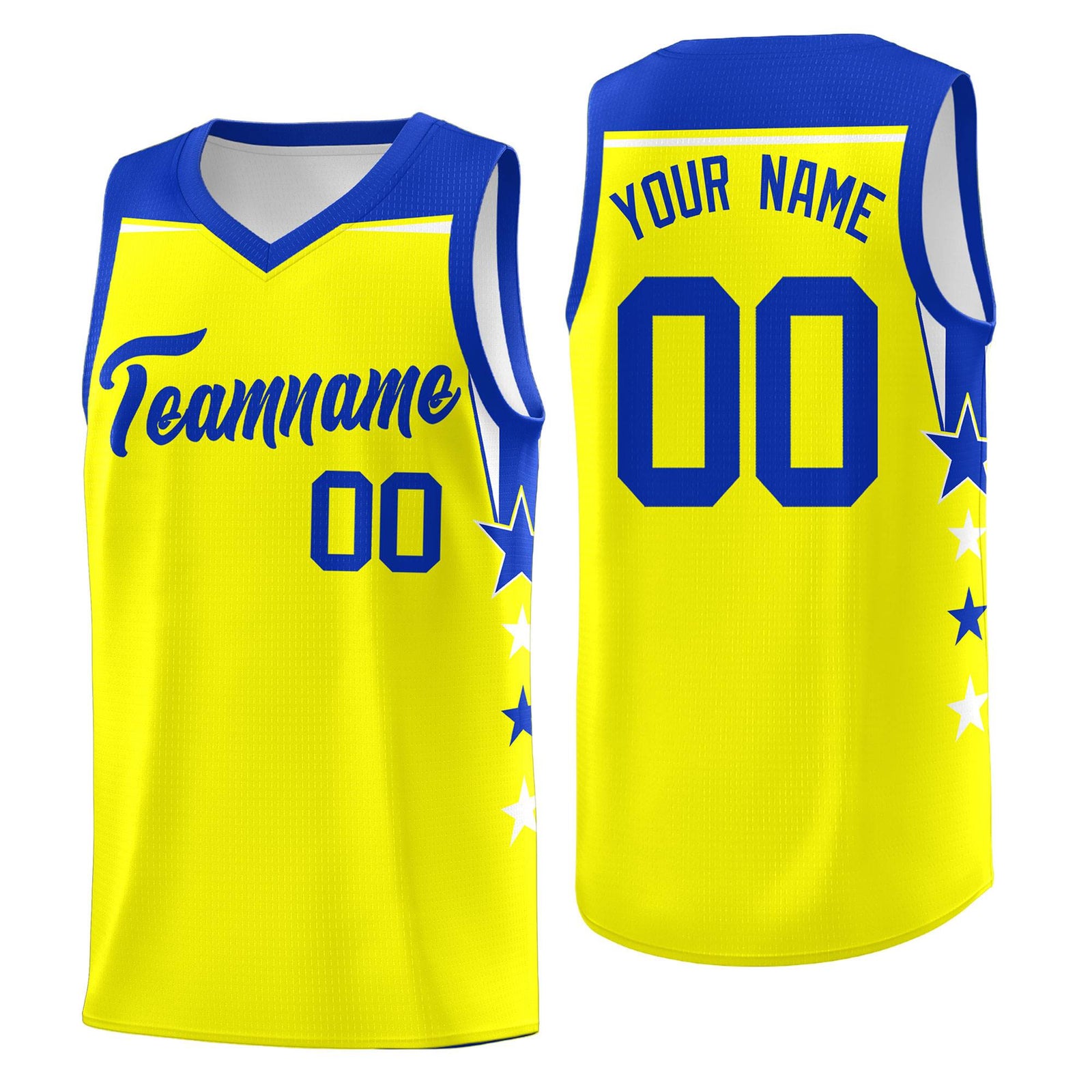 Custom Youth Basketball Uniform Fluorescent Yellow Royal Two Tone Side Star Color Block Team Jersey