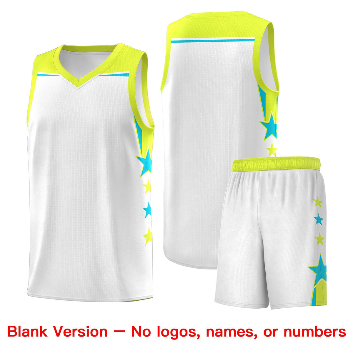 Custom Youth Basketball Uniform White Fluorescent Green Two Tone Side Star Add Name Number &amp; Logo