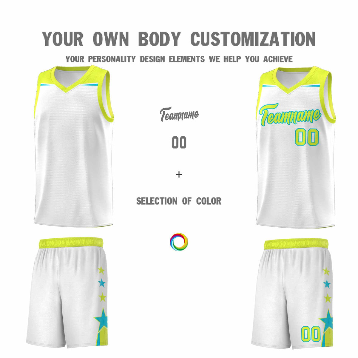 Custom Youth Basketball Uniform White Fluorescent Green Two Tone Side Star Add Name Number &amp; Logo