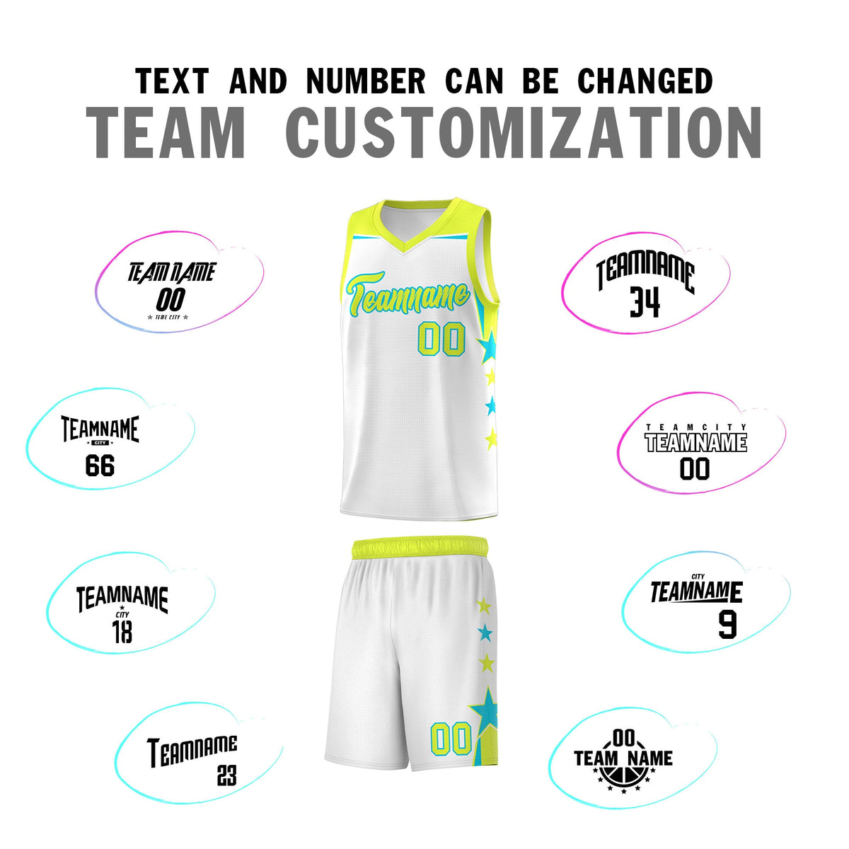 Custom Youth Basketball Uniform White Fluorescent Green Two Tone Side Star Add Name Number &amp; Logo