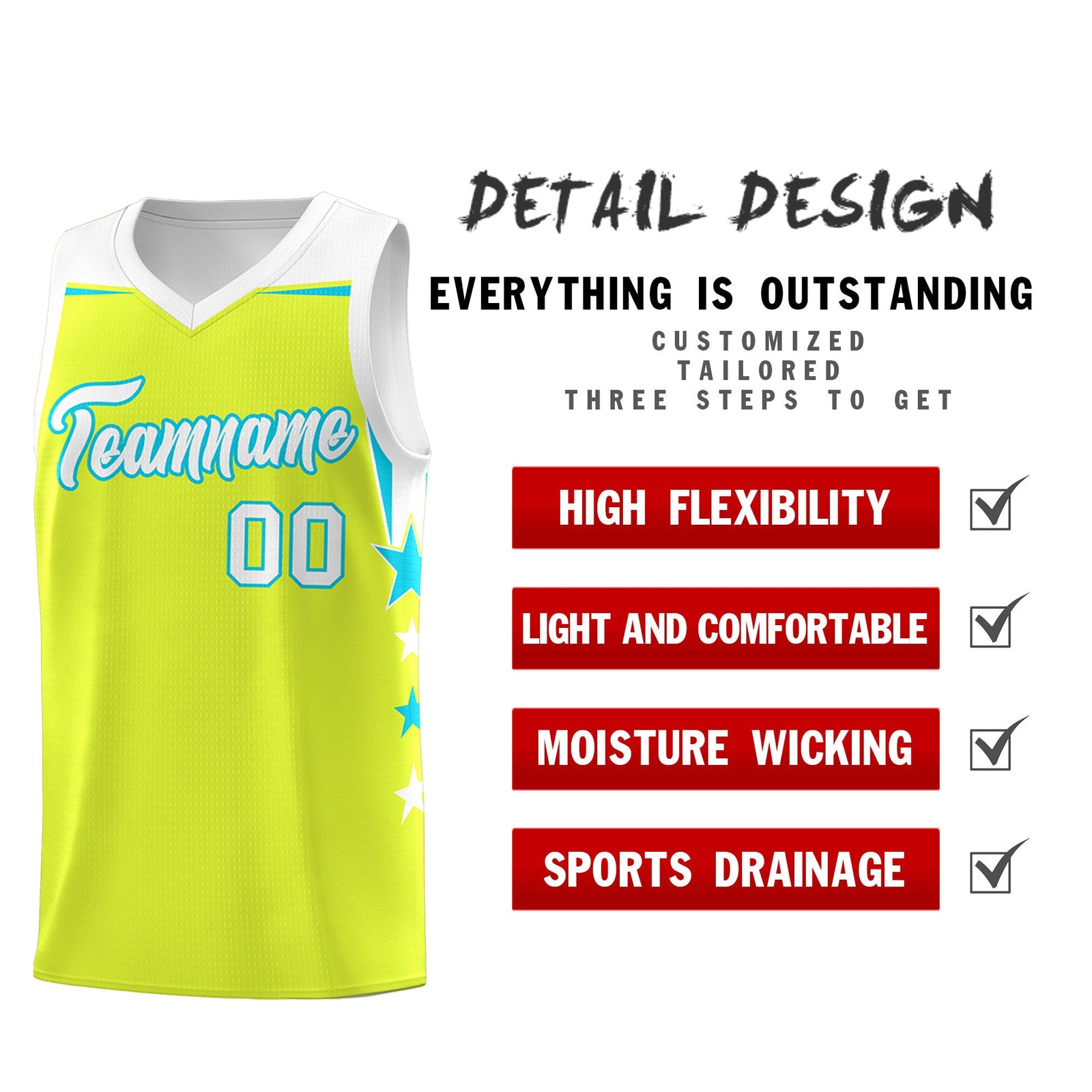 Custom Youth Basketball Uniform Fluorescent Green White Two Tone Side Star Personalized Team Jersey