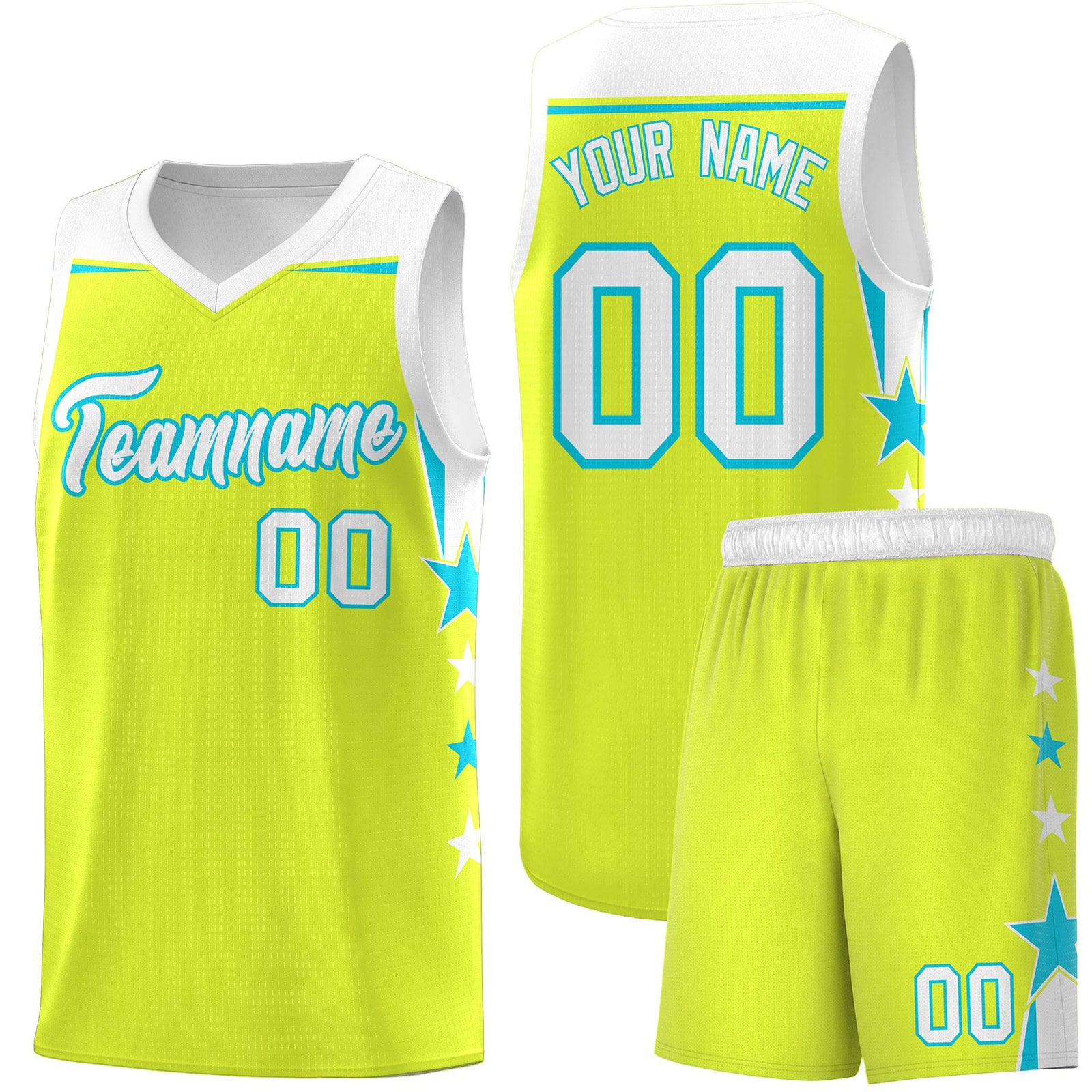 Custom Youth Basketball Uniform Fluorescent Green White Two Tone Side Star Personalized Team Jersey
