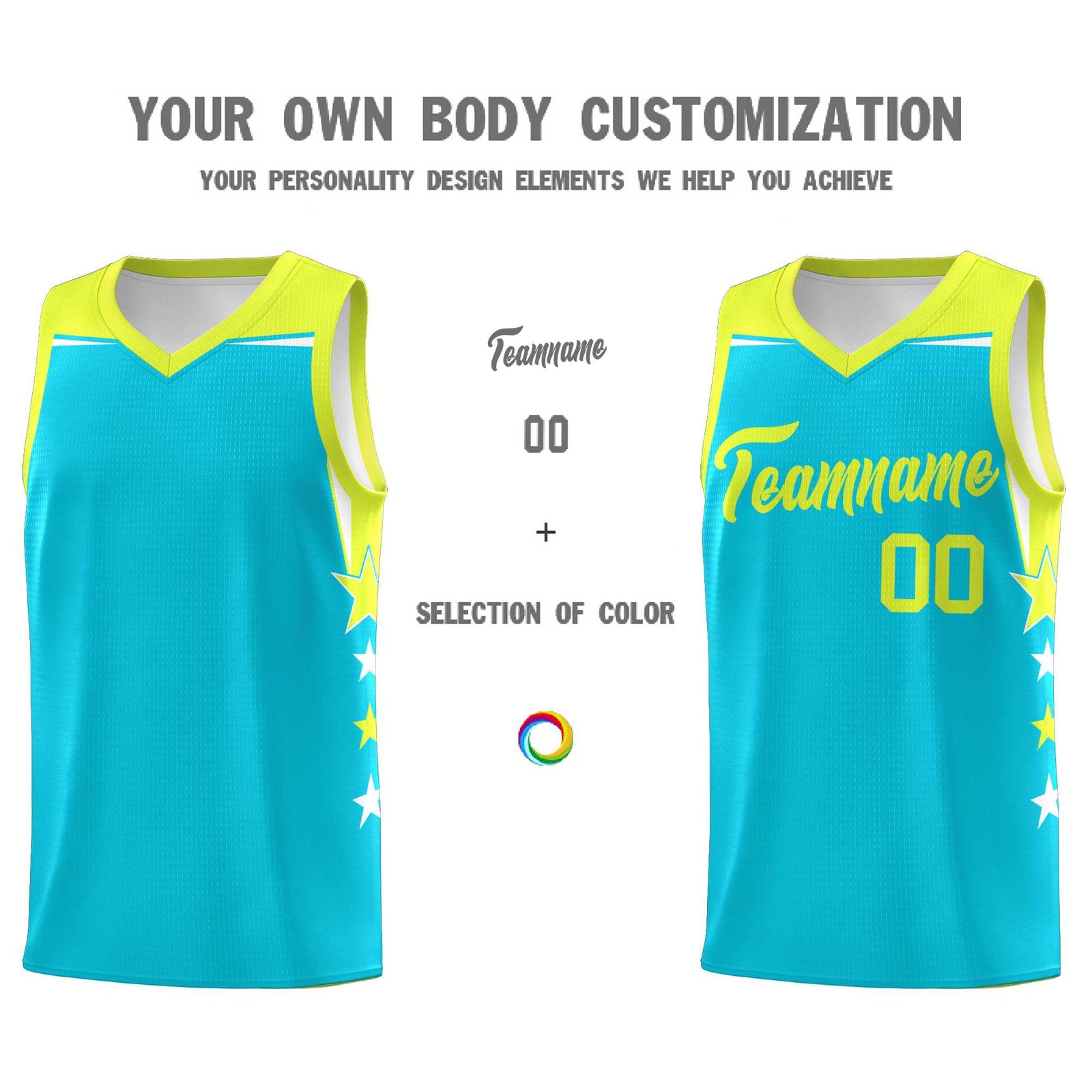 Custom Youth Basketball Uniform Sky Blue Fluorescent Green Two Tone Side Star Color Block Team Jersey