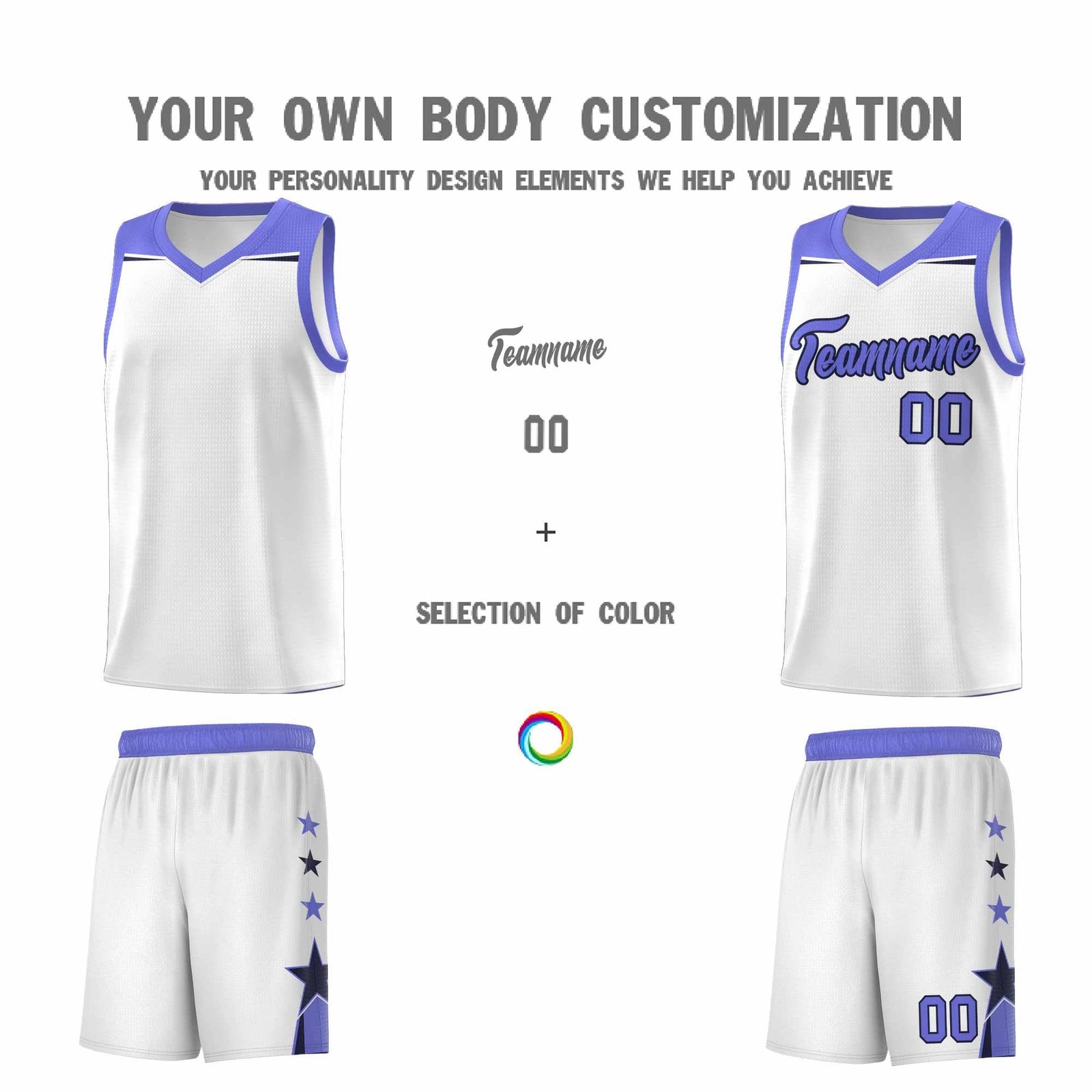 Custom Youth Basketball Uniform White Purple Two Tone Side Star Add Name Number & Logo