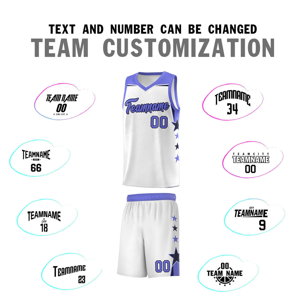 Custom Youth Basketball Uniform White Purple Two Tone Side Star Add Name Number &amp; Logo