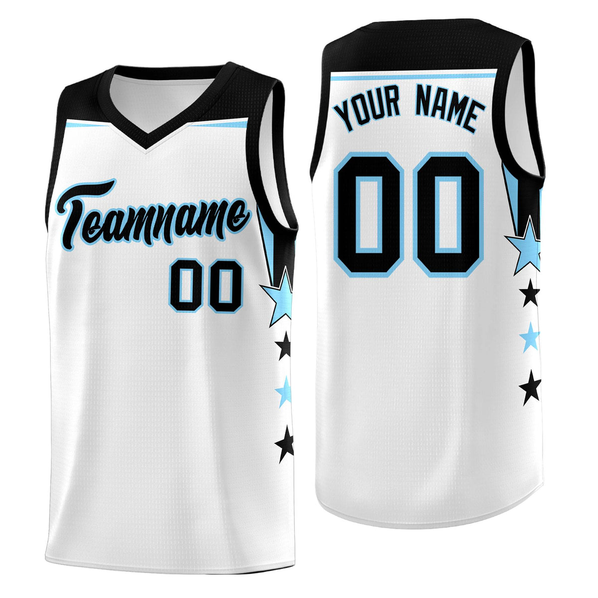 Custom Youth Basketball Uniform White Light Blue Two Tone Side Star Add Name Number &amp; Logo