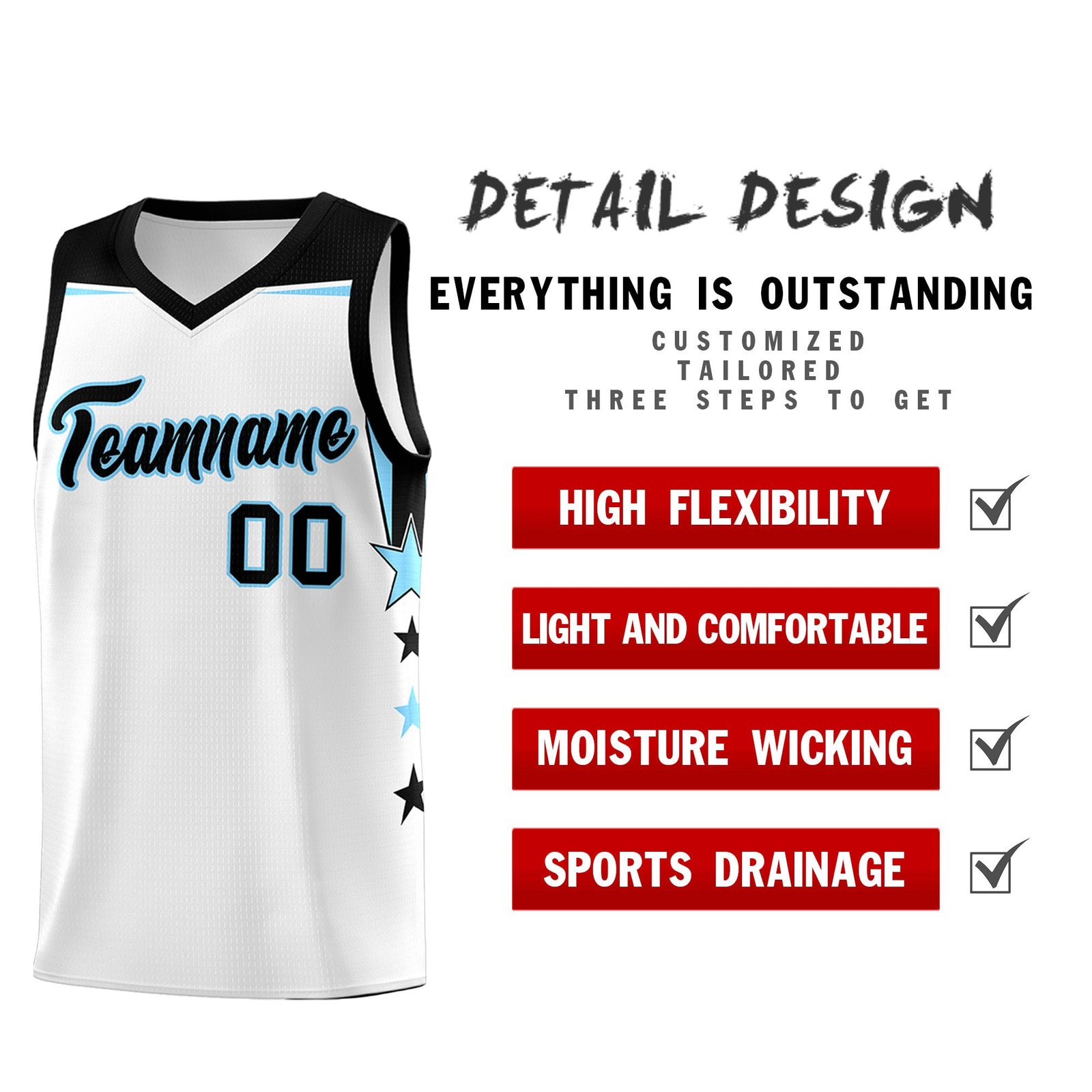 Custom Youth Basketball Uniform White Light Blue Two Tone Side Star Add Name Number & Logo
