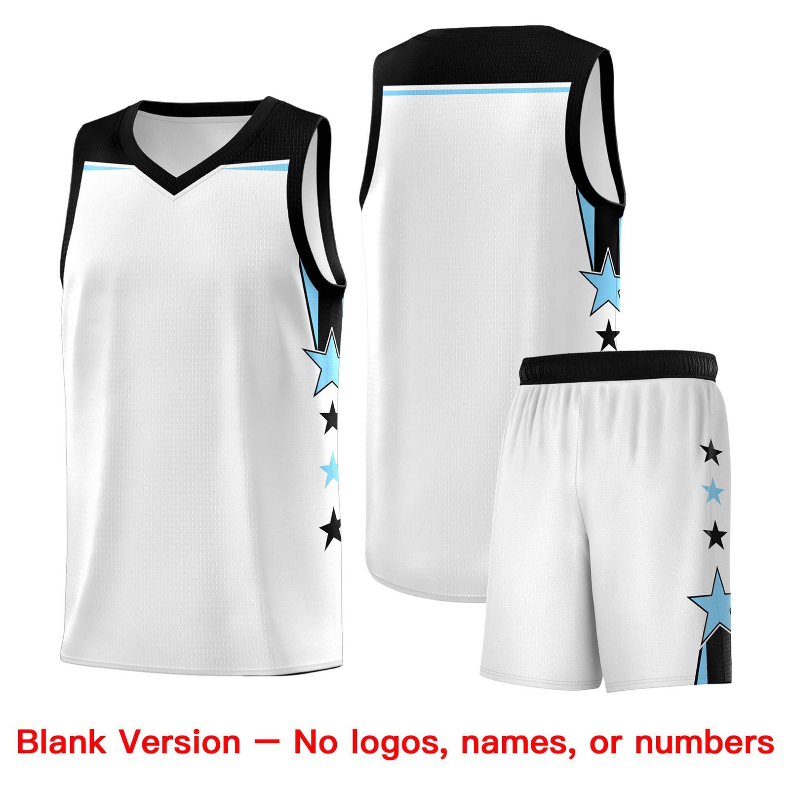 Custom Youth Basketball Uniform White Light Blue Two Tone Side Star Add Name Number & Logo