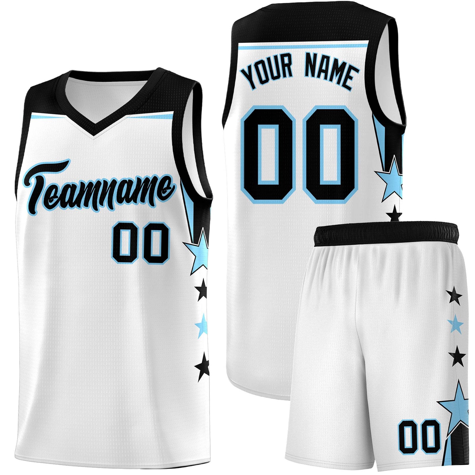 Custom Youth Basketball Uniform White Light Blue Two Tone Side Star Add Name Number & Logo