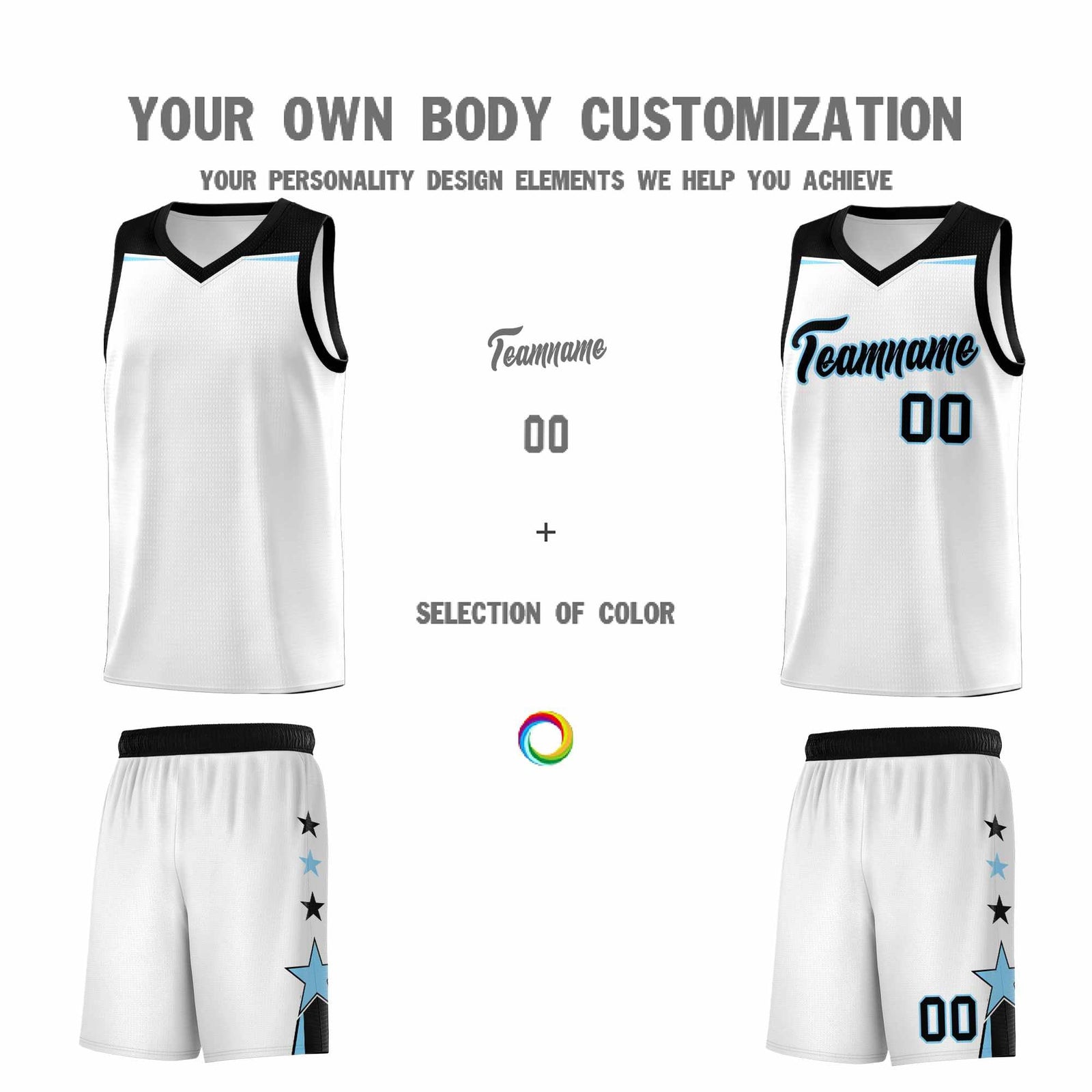 Custom Youth Basketball Uniform White Light Blue Two Tone Side Star Add Name Number & Logo
