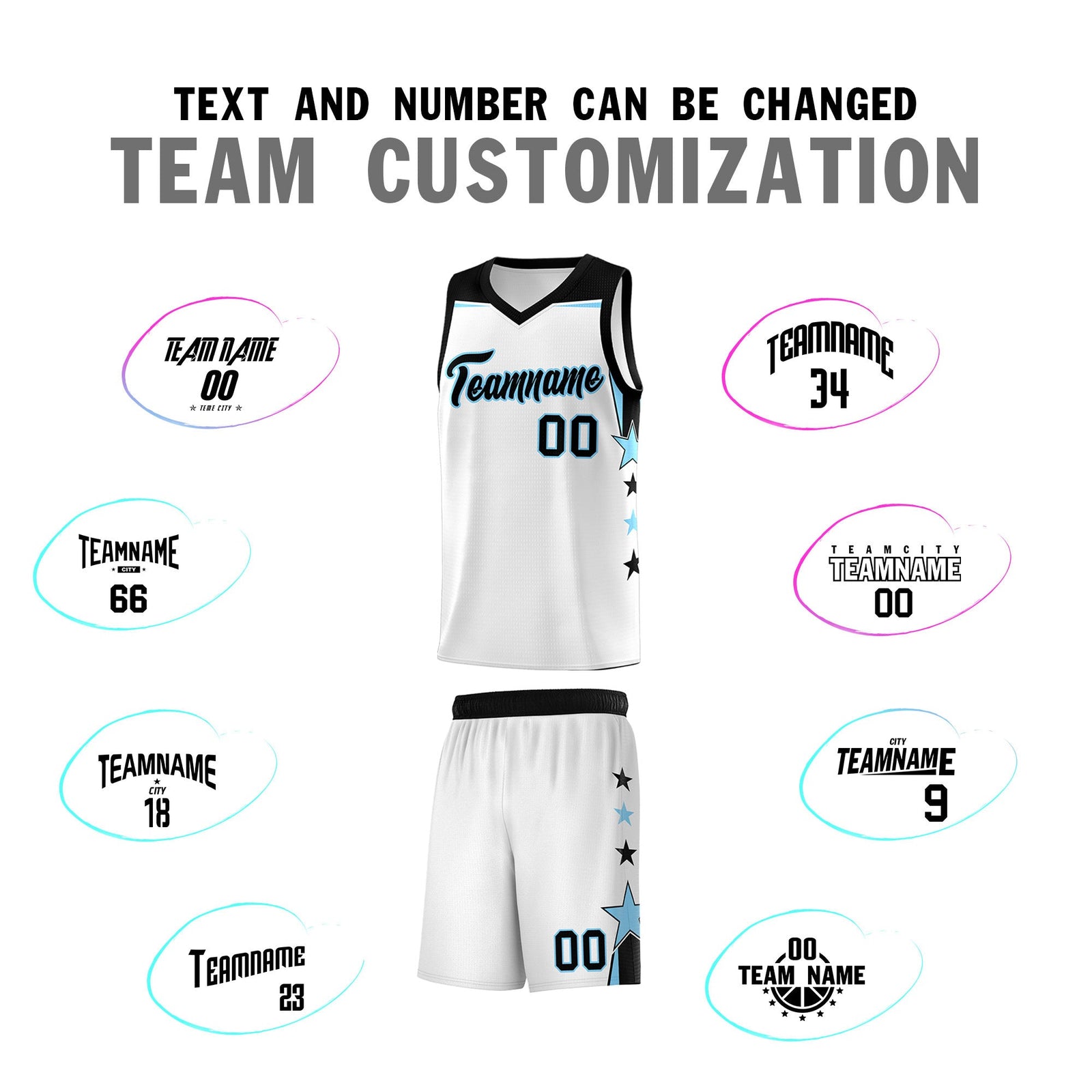 Custom Youth Basketball Uniform White Light Blue Two Tone Side Star Add Name Number & Logo