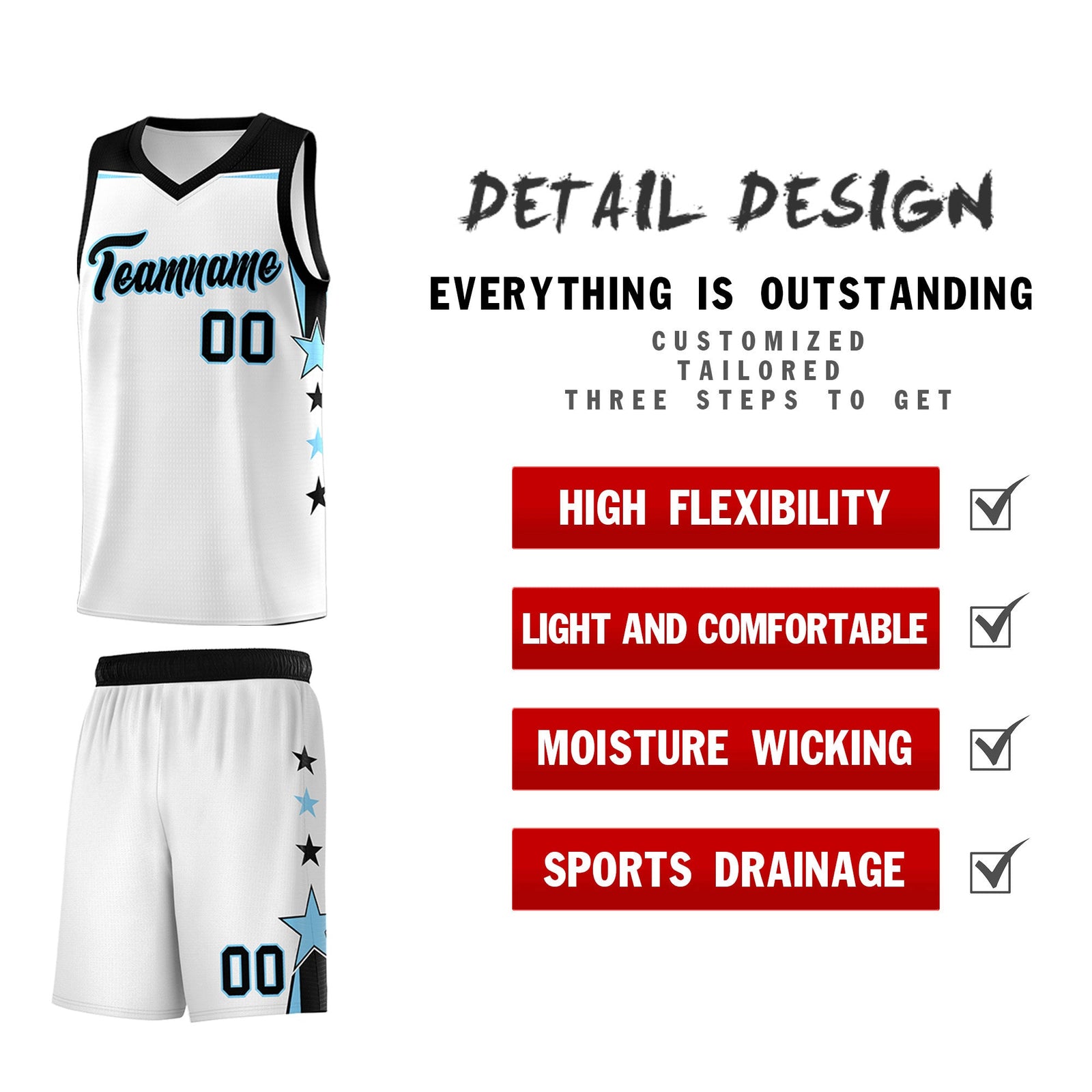 Custom Youth Basketball Uniform White Light Blue Two Tone Side Star Add Name Number & Logo