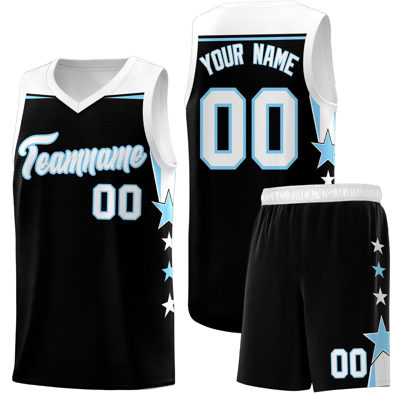 Custom Youth Basketball Uniform Black Light Blue Two Tone Side Star Personalized Team Jersey