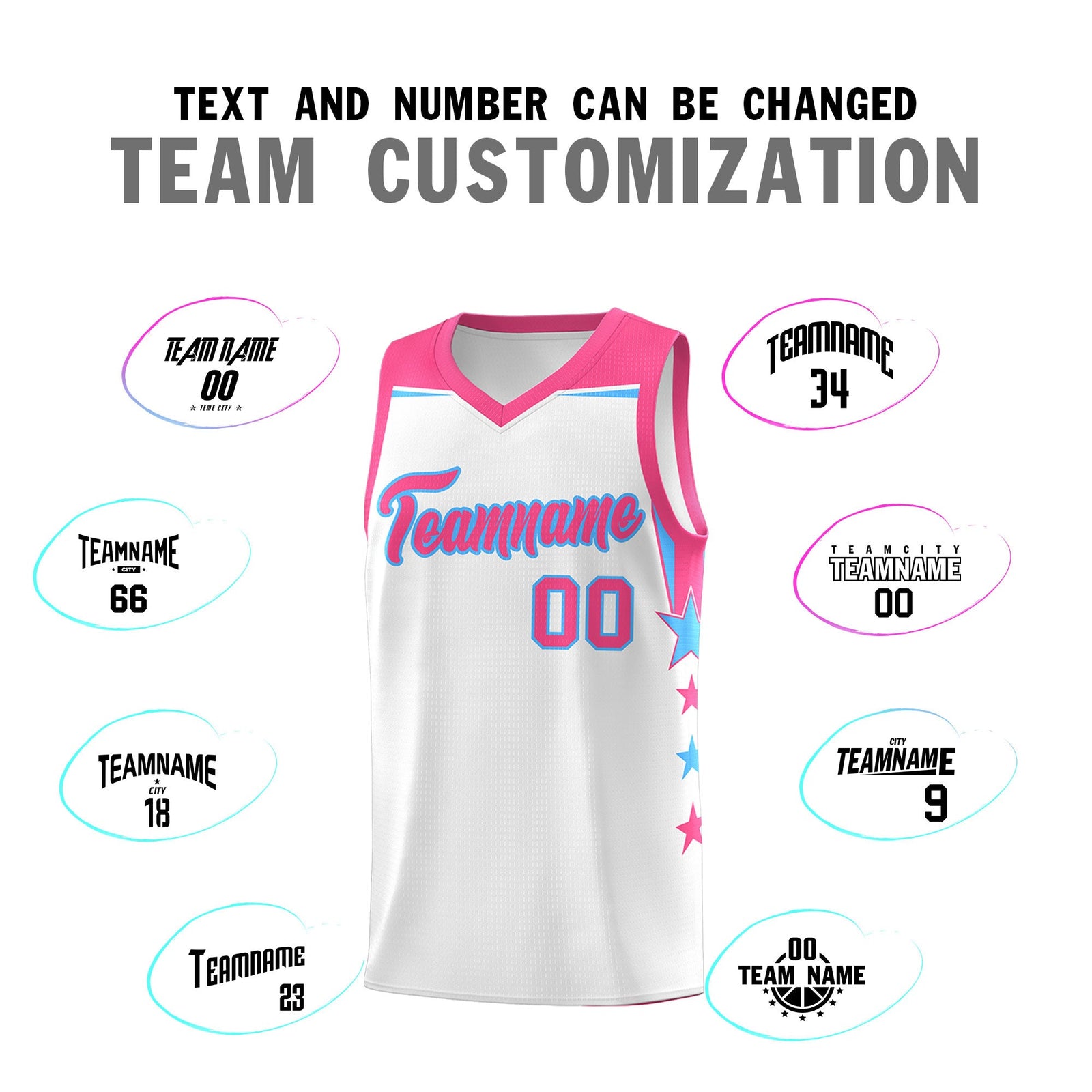 Custom Youth Basketball Uniform White Pink Two Tone Side Star Add Name Number & Logo