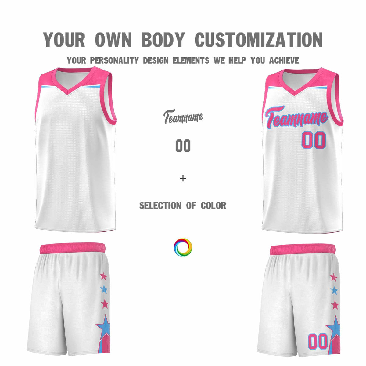 Custom Youth Basketball Uniform White Pink Two Tone Side Star Add Name Number &amp; Logo