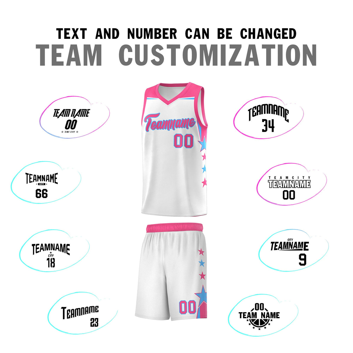 Custom Youth Basketball Uniform White Pink Two Tone Side Star Add Name Number &amp; Logo