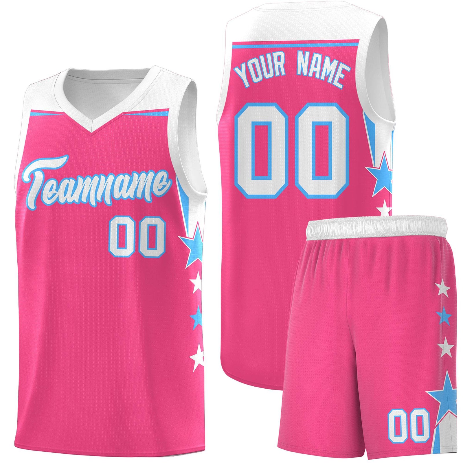 Custom Youth Basketball Uniform Pink White Two Tone Side Star Personalized Team Jersey