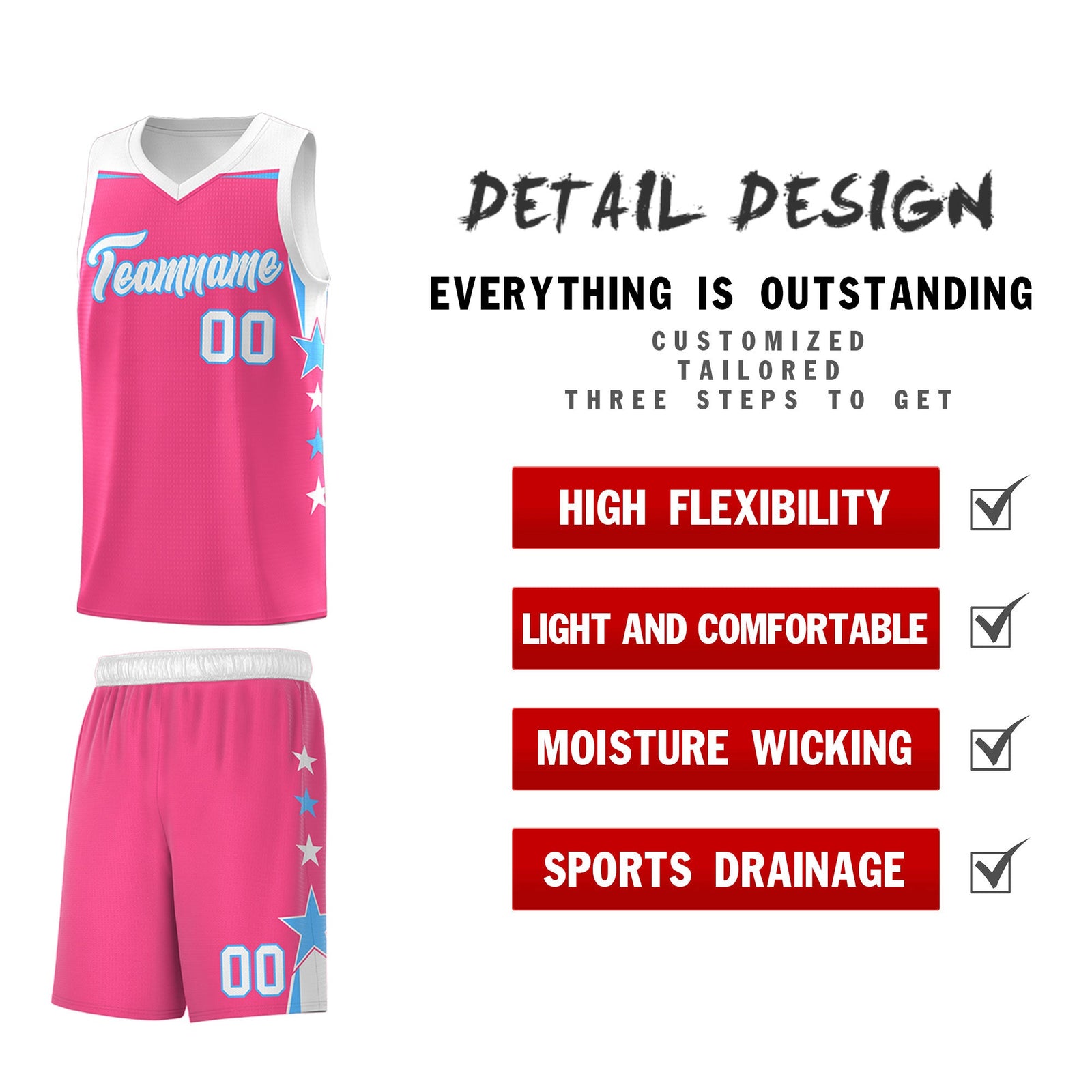 Custom Youth Basketball Uniform Pink White Two Tone Side Star Personalized Team Jersey