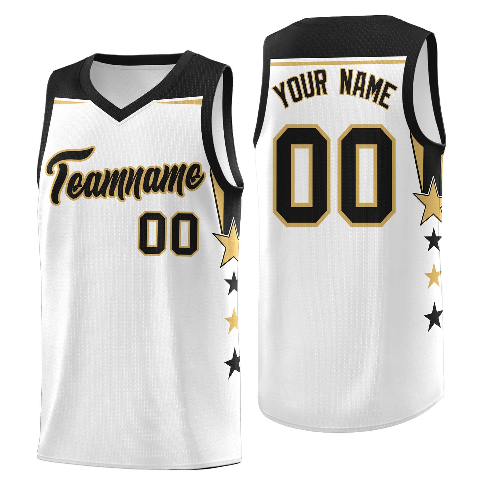 Custom Youth Basketball Uniform White Black Two Tone Side Star Add Name Number & Logo