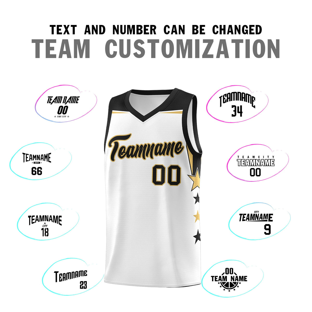 Custom Youth Basketball Uniform White Black Two Tone Side Star Add Name Number &amp; Logo
