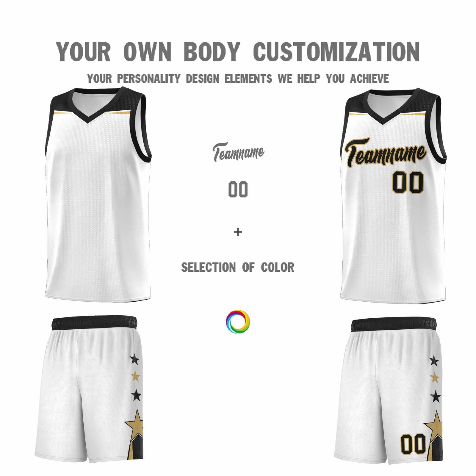 Custom Youth Basketball Uniform White Black Two Tone Side Star Add Name Number & Logo