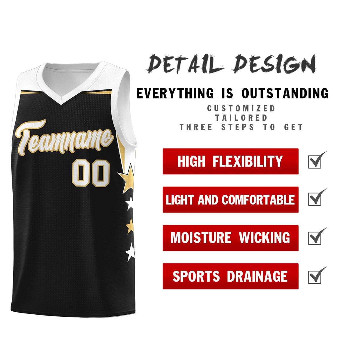 Custom Youth Basketball Uniform Black White Two Tone Side Star Personalized Team Jersey