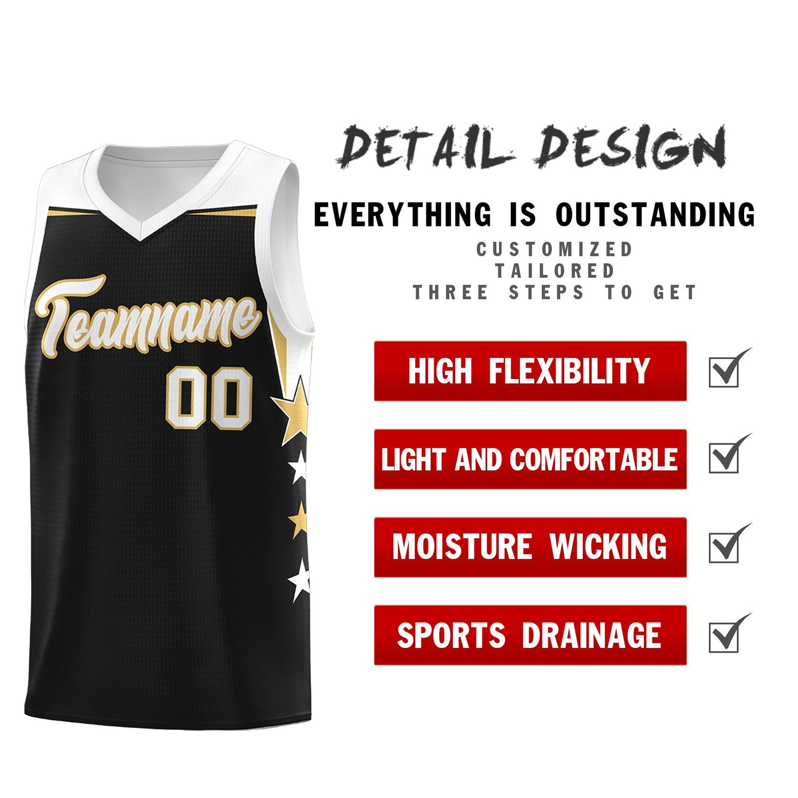 Custom Youth Basketball Uniform Black White Two Tone Side Star Personalized Team Jersey