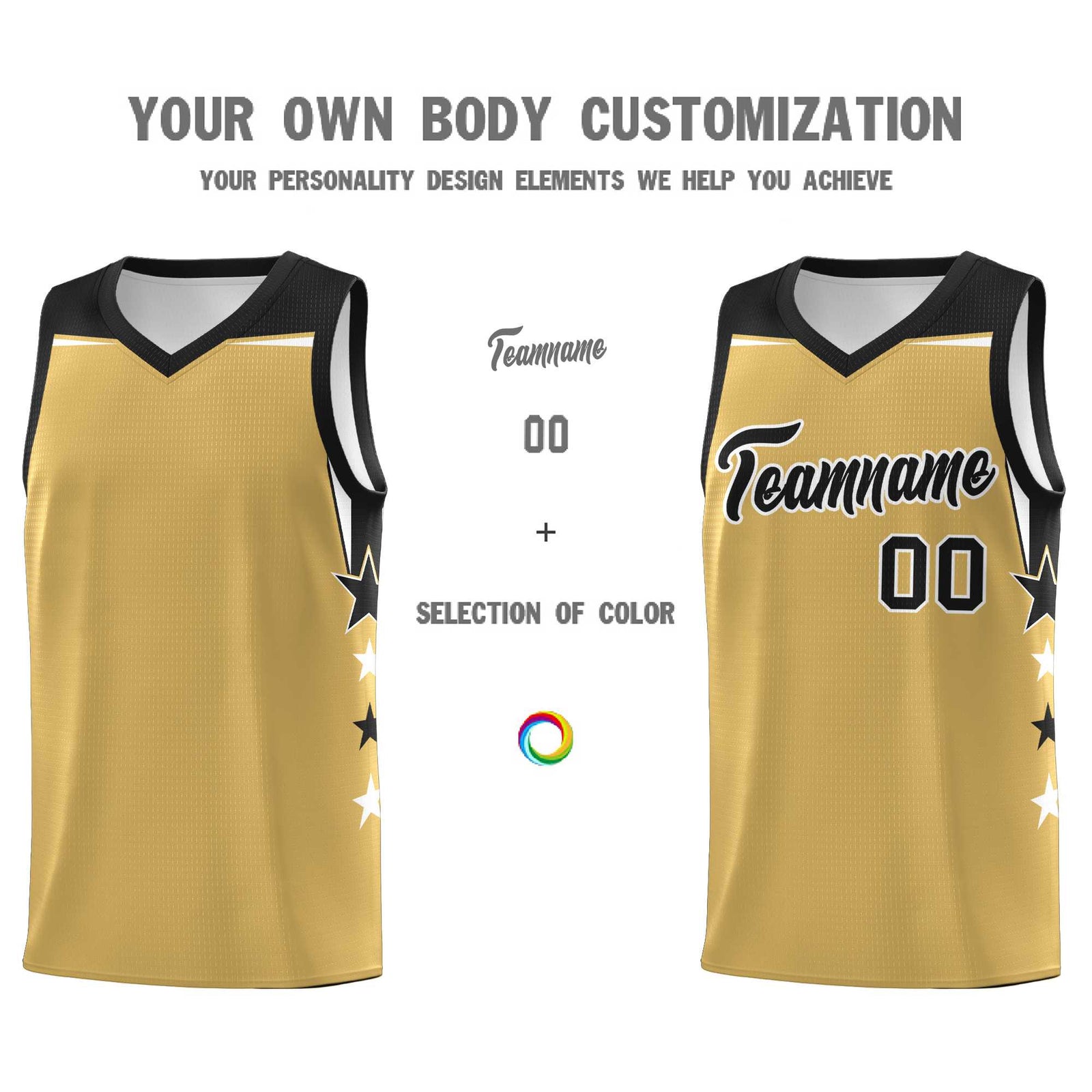Custom Youth Basketball Uniform Old Gold Black Two Tone Side Star Color Block Team Jersey