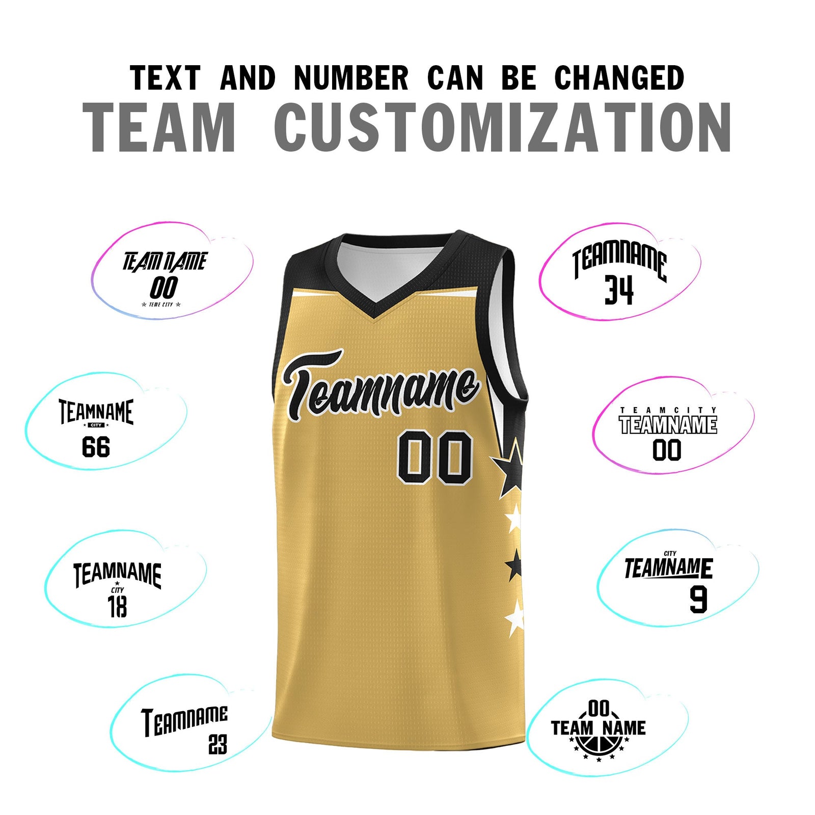 Custom Youth Basketball Uniform Old Gold Black Two Tone Side Star Color Block Team Jersey