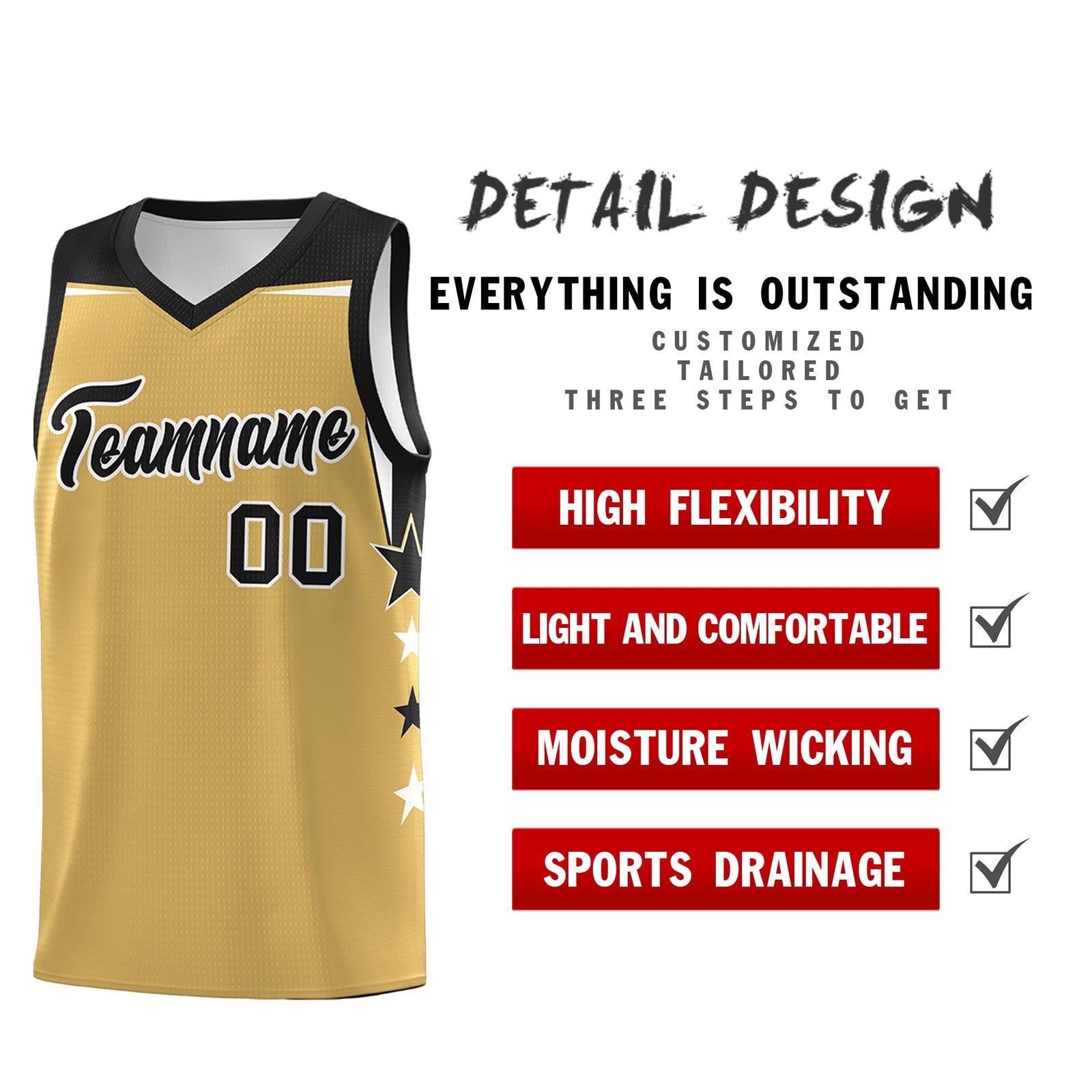 Custom Youth Basketball Uniform Old Gold Black Two Tone Side Star Color Block Team Jersey