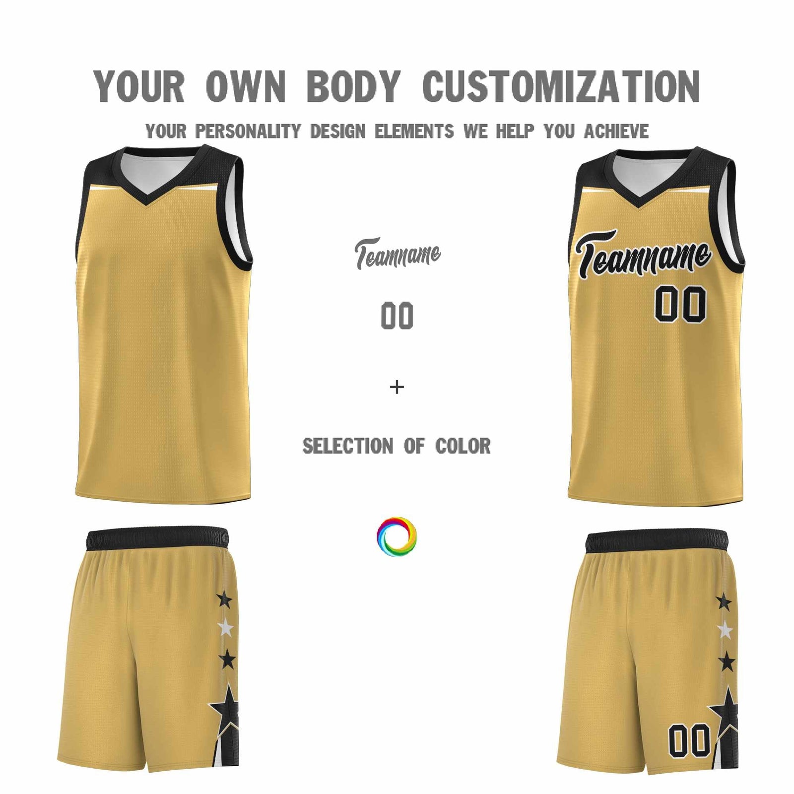 Custom Youth Basketball Uniform Old Gold Black Two Tone Side Star Color Block Team Jersey