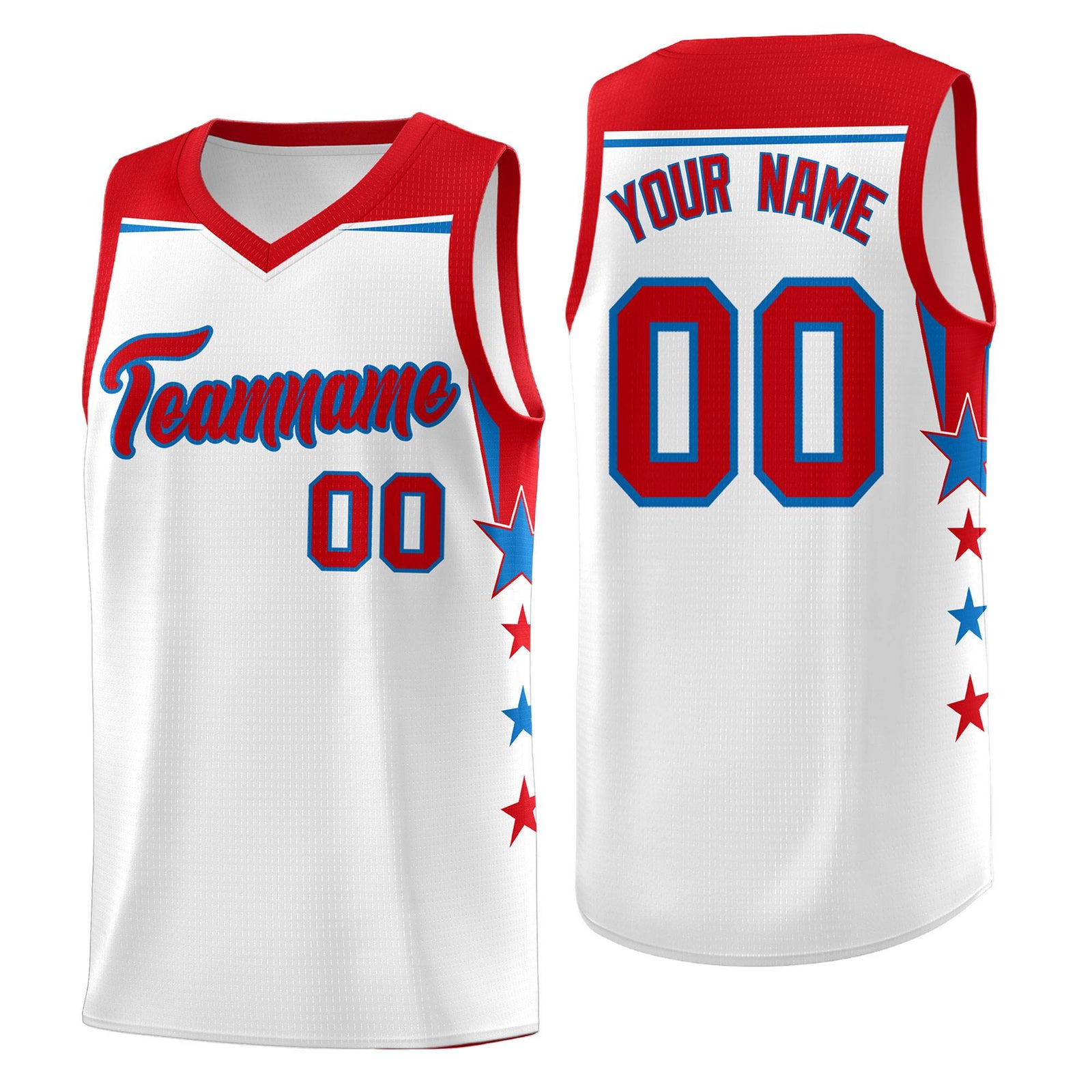 Custom Youth Basketball Uniform White Red Two Tone Side Star Add Name Number & Logo
