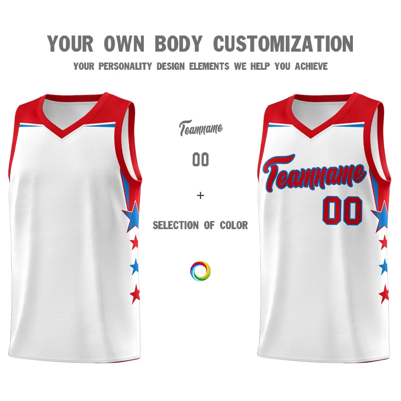 Custom Youth Basketball Uniform White Red Two Tone Side Star Add Name Number & Logo
