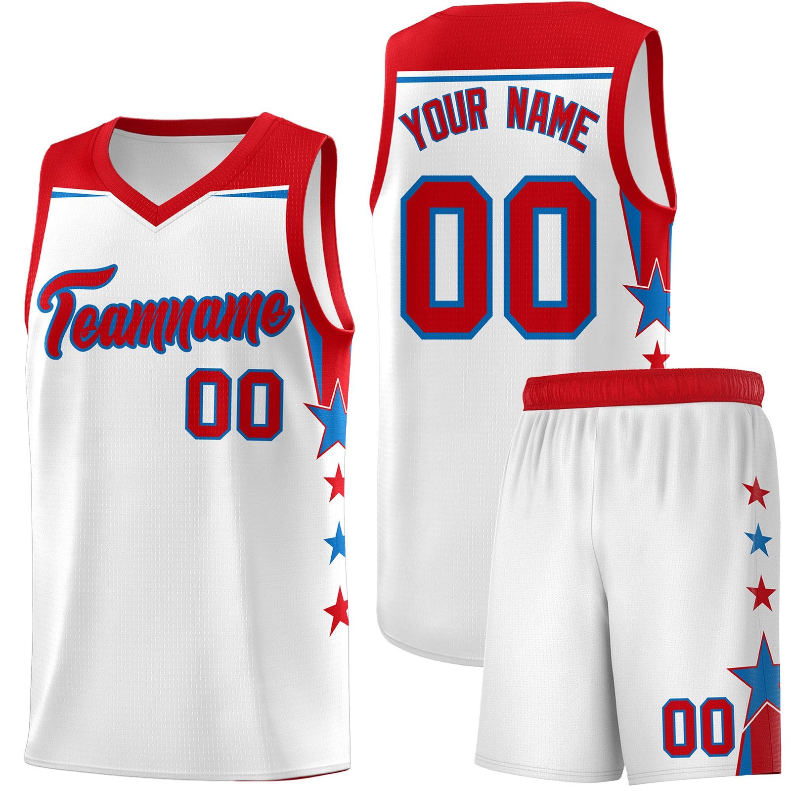 Custom Youth Basketball Uniform White Red Two Tone Side Star Add Name Number & Logo