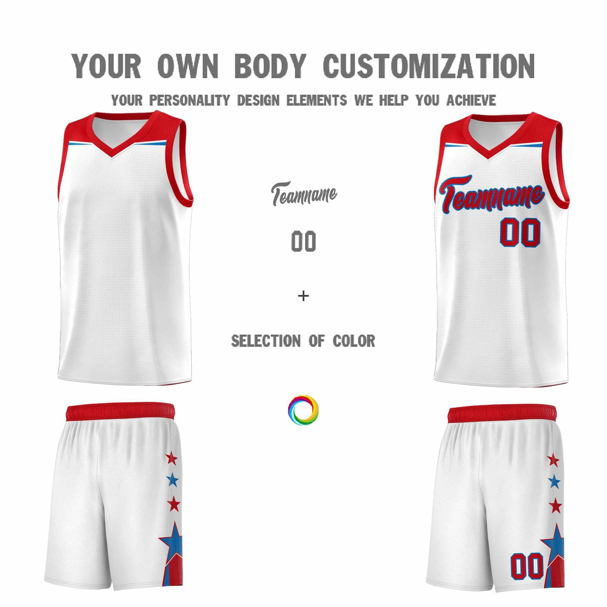 Custom Youth Basketball Uniform White Red Two Tone Side Star Add Name Number &amp; Logo