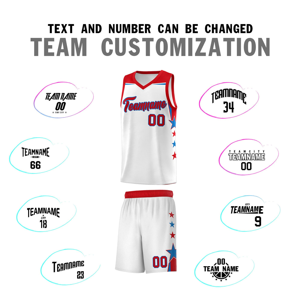 Custom Youth Basketball Uniform White Red Two Tone Side Star Add Name Number &amp; Logo