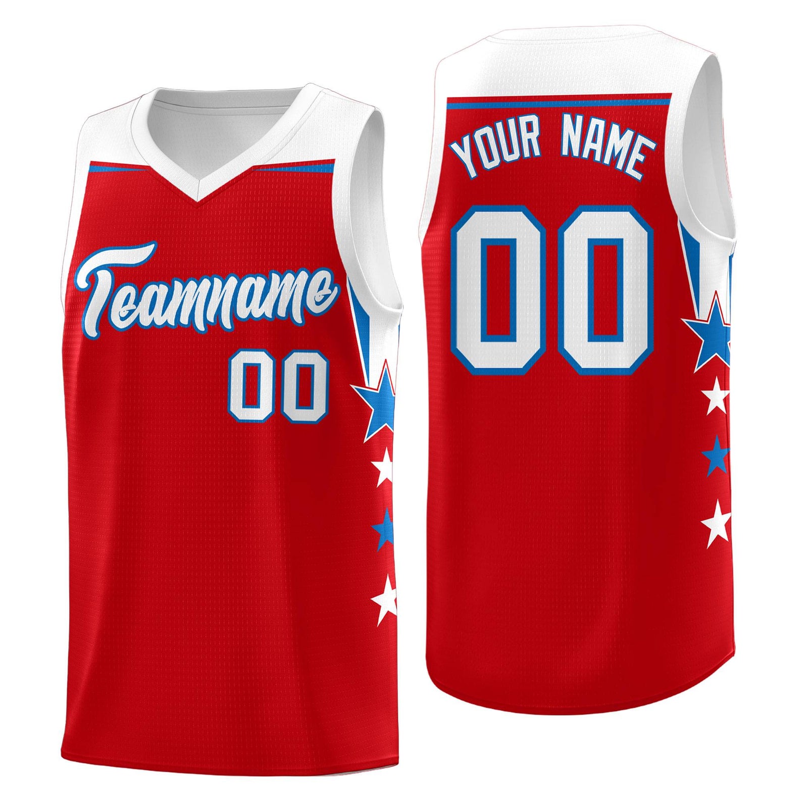 Custom Youth Basketball Uniform Red White Two Tone Side Star Personalized Team Jersey