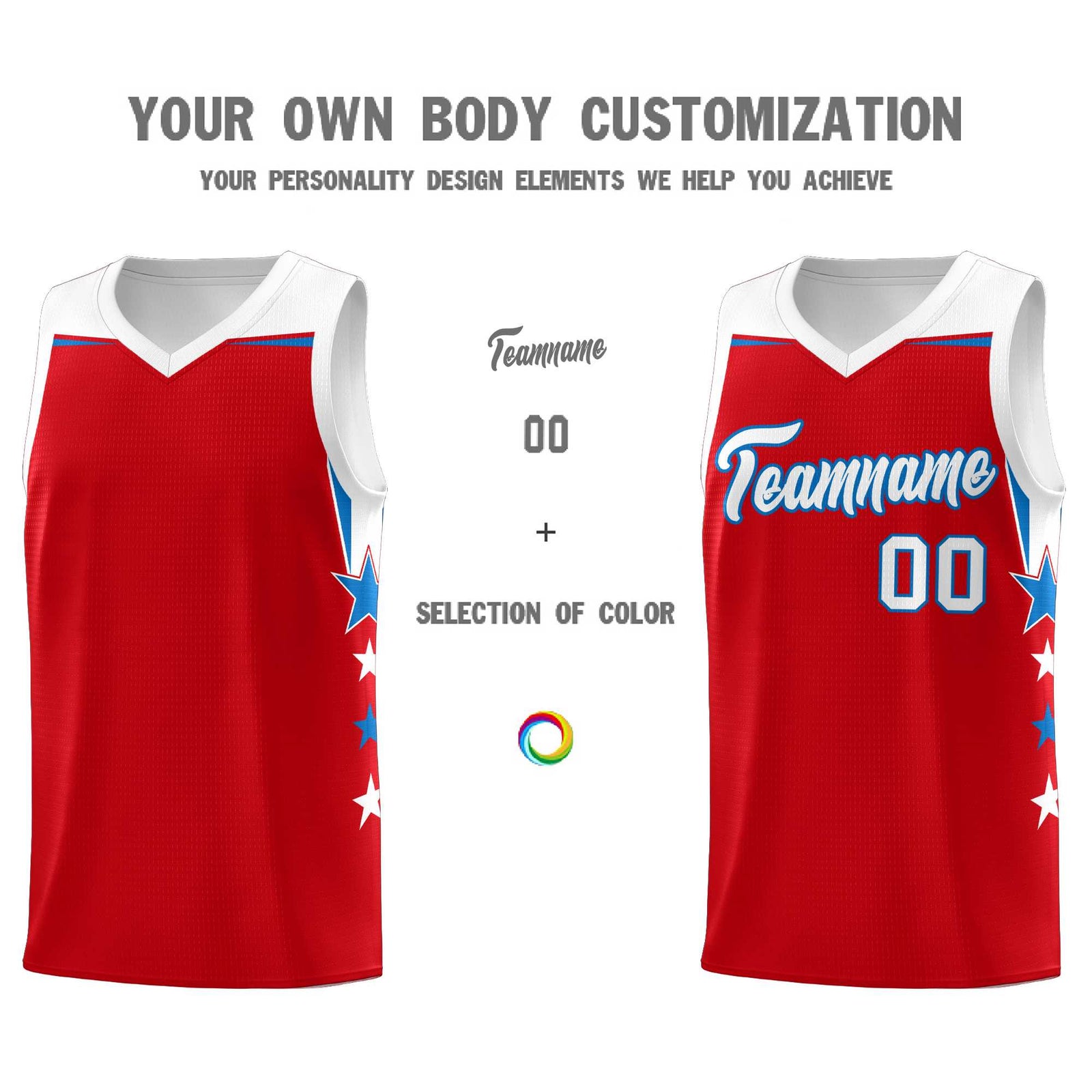 Custom Youth Basketball Uniform Red White Two Tone Side Star Personalized Team Jersey