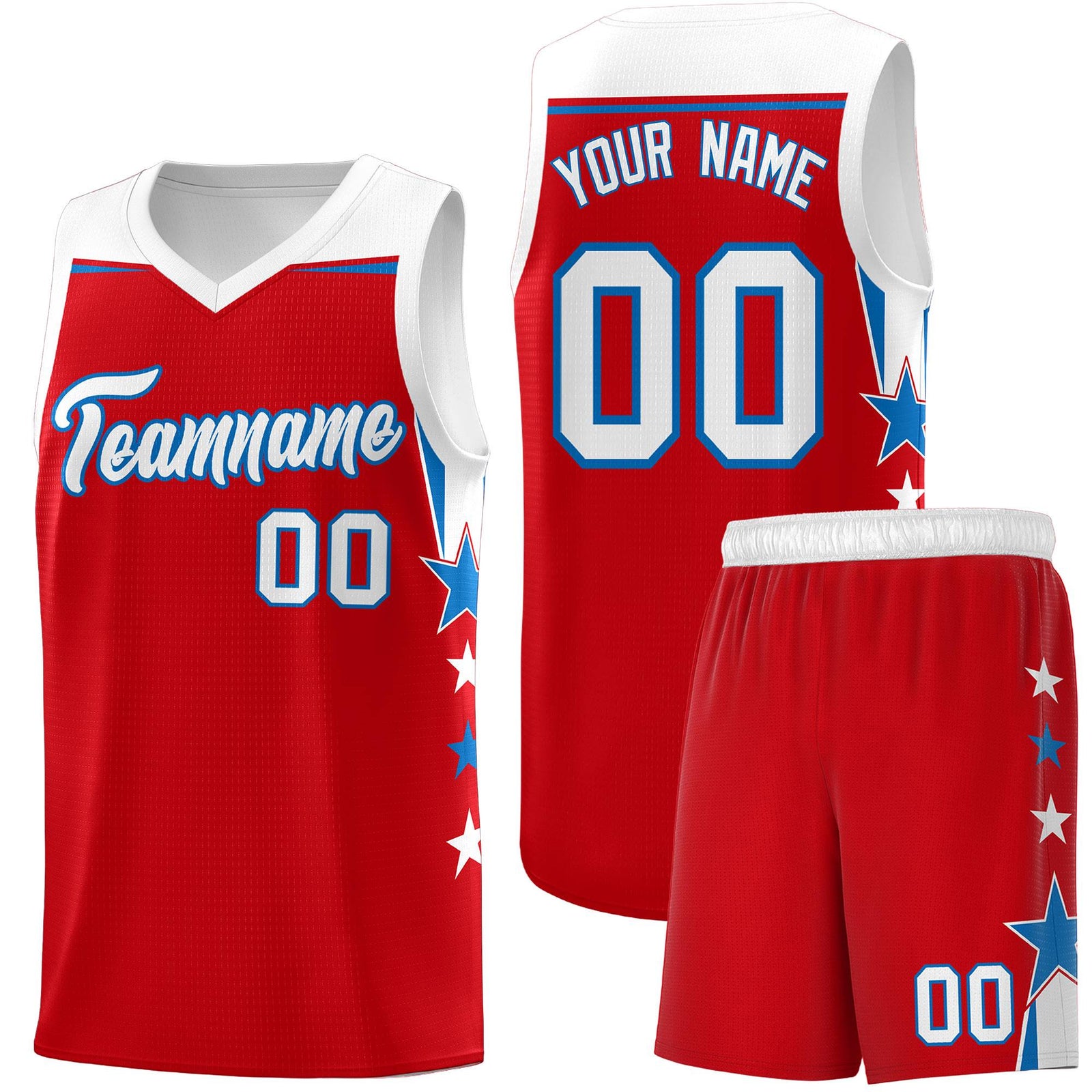 Custom Youth Basketball Uniform Red White Two Tone Side Star Personalized Team Jersey
