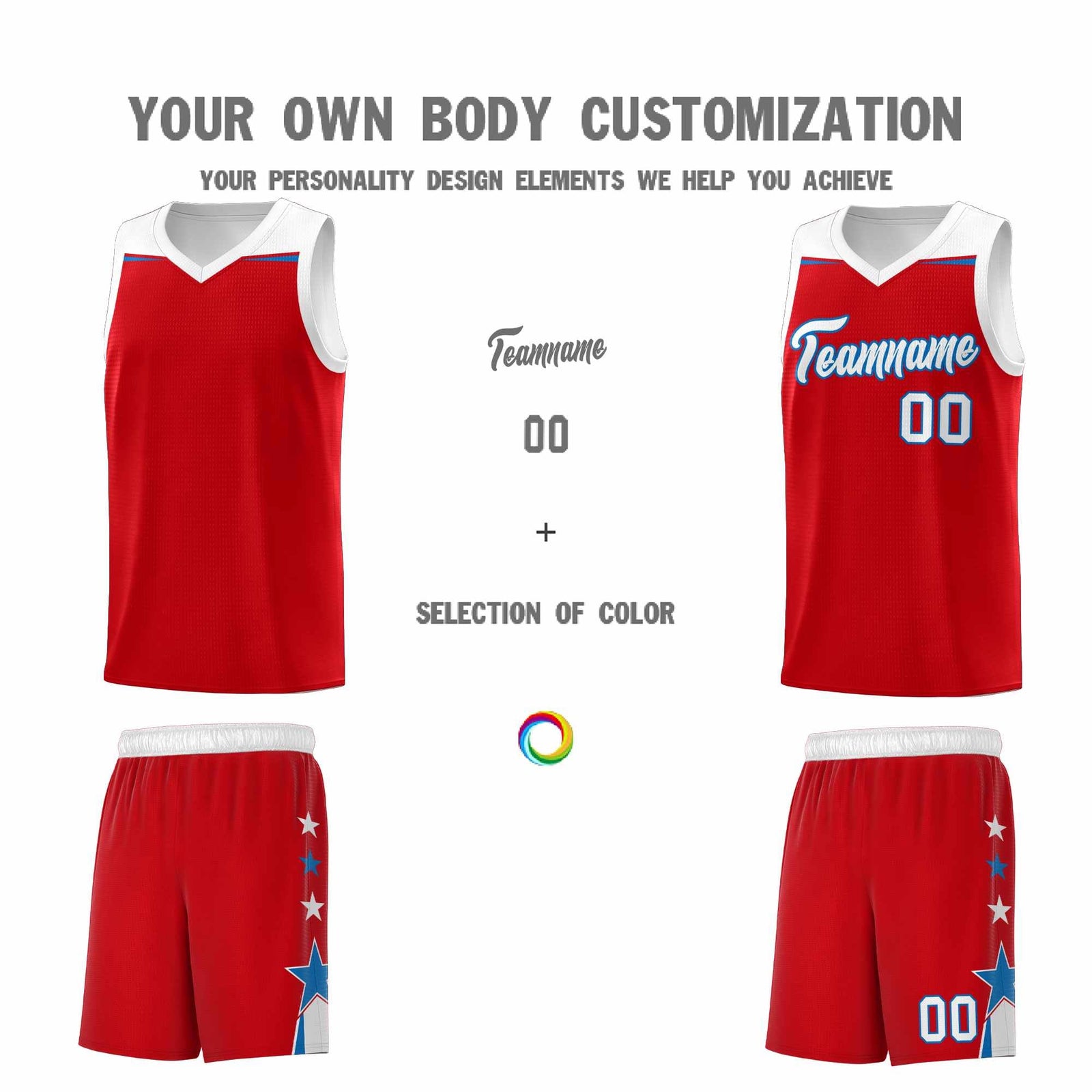 Custom Youth Basketball Uniform Red White Two Tone Side Star Personalized Team Jersey
