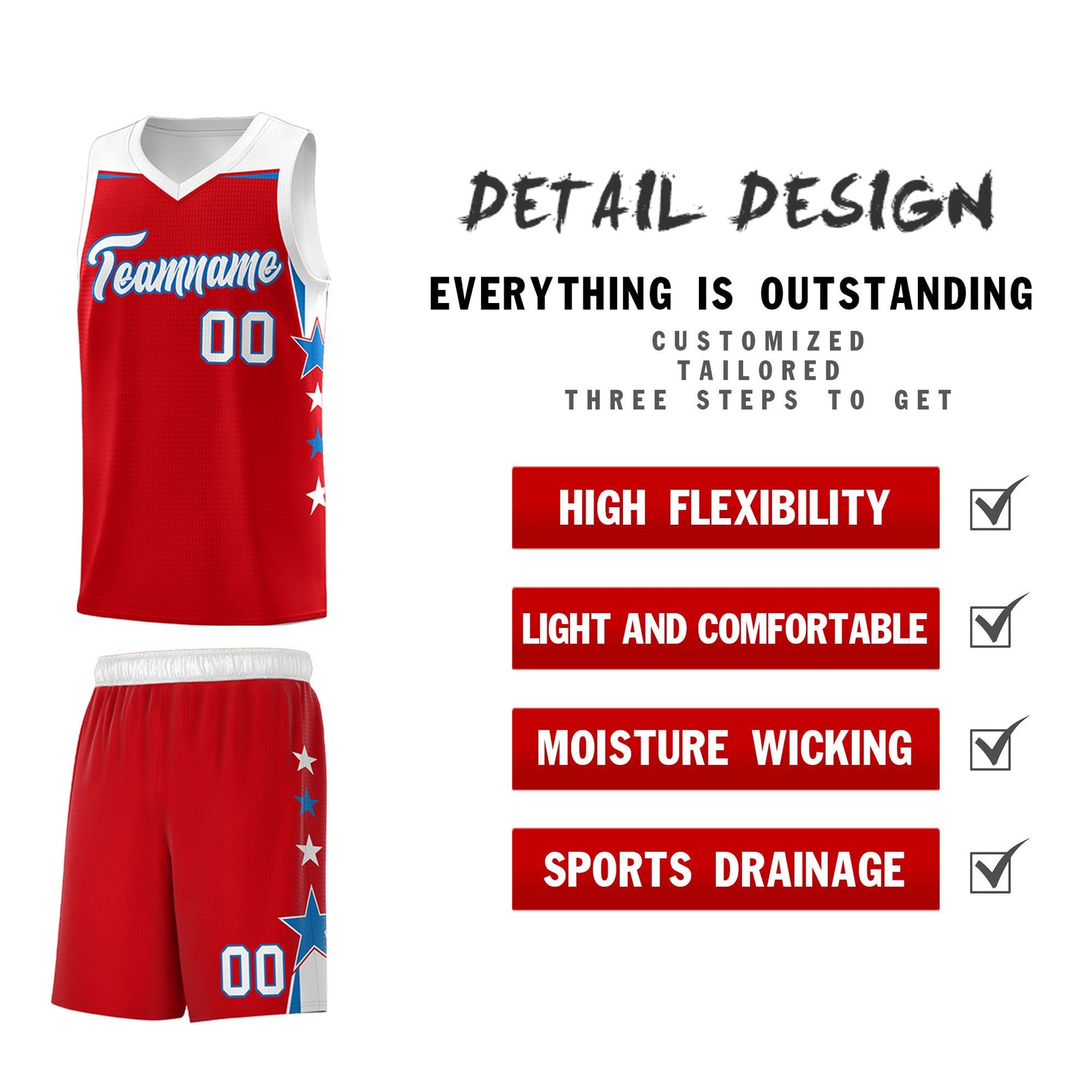 Custom Youth Basketball Uniform Red White Two Tone Side Star Personalized Team Jersey