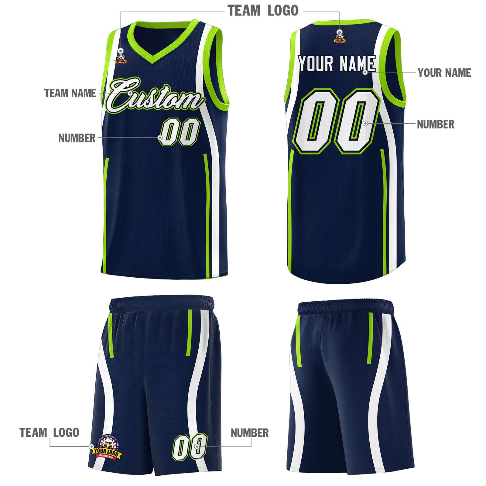 Custom Navy White-Fluorescent Green Ribbon Pattern Basketball Kits