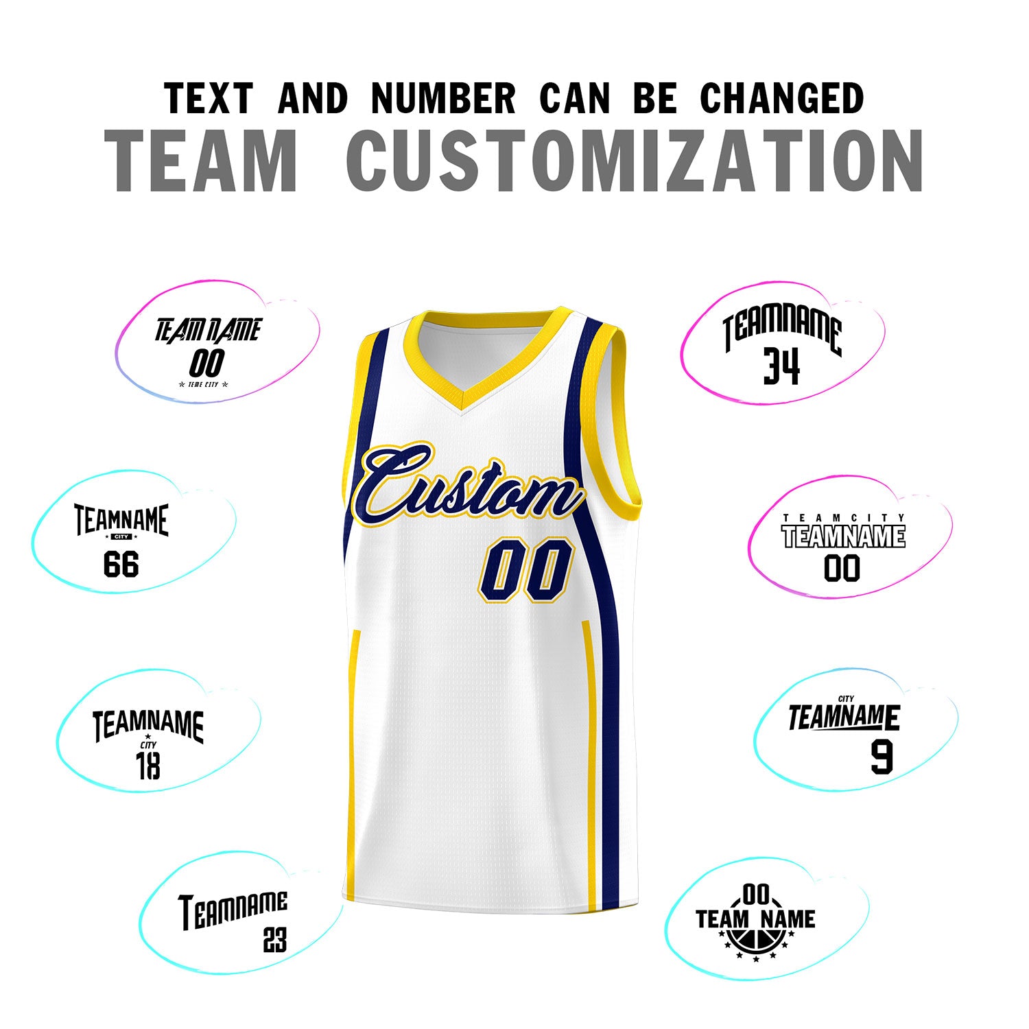 Custom White Navy-Gold Ribbon Pattern Basketball Kits