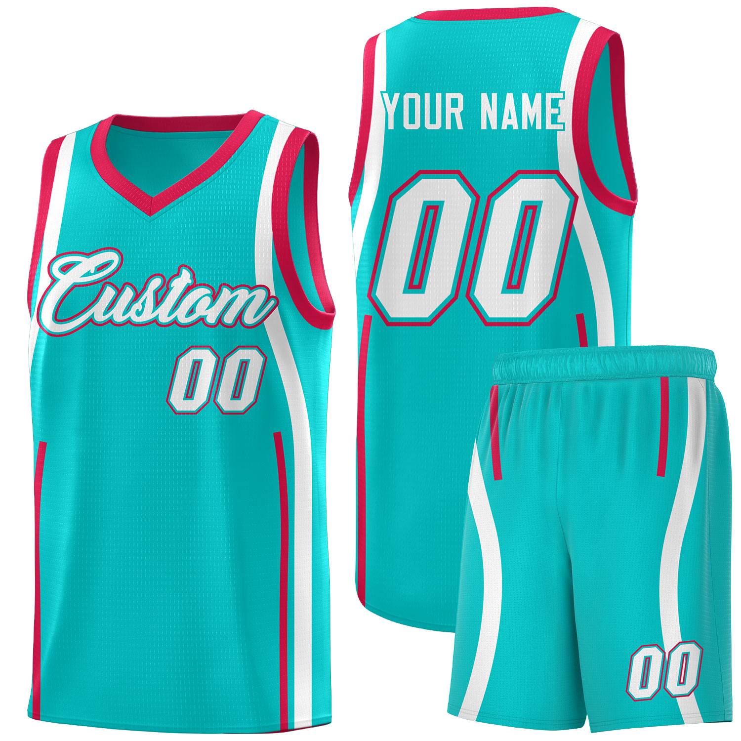 Custom Aqua Red-White Ribbon Pattern Basketball Kits
