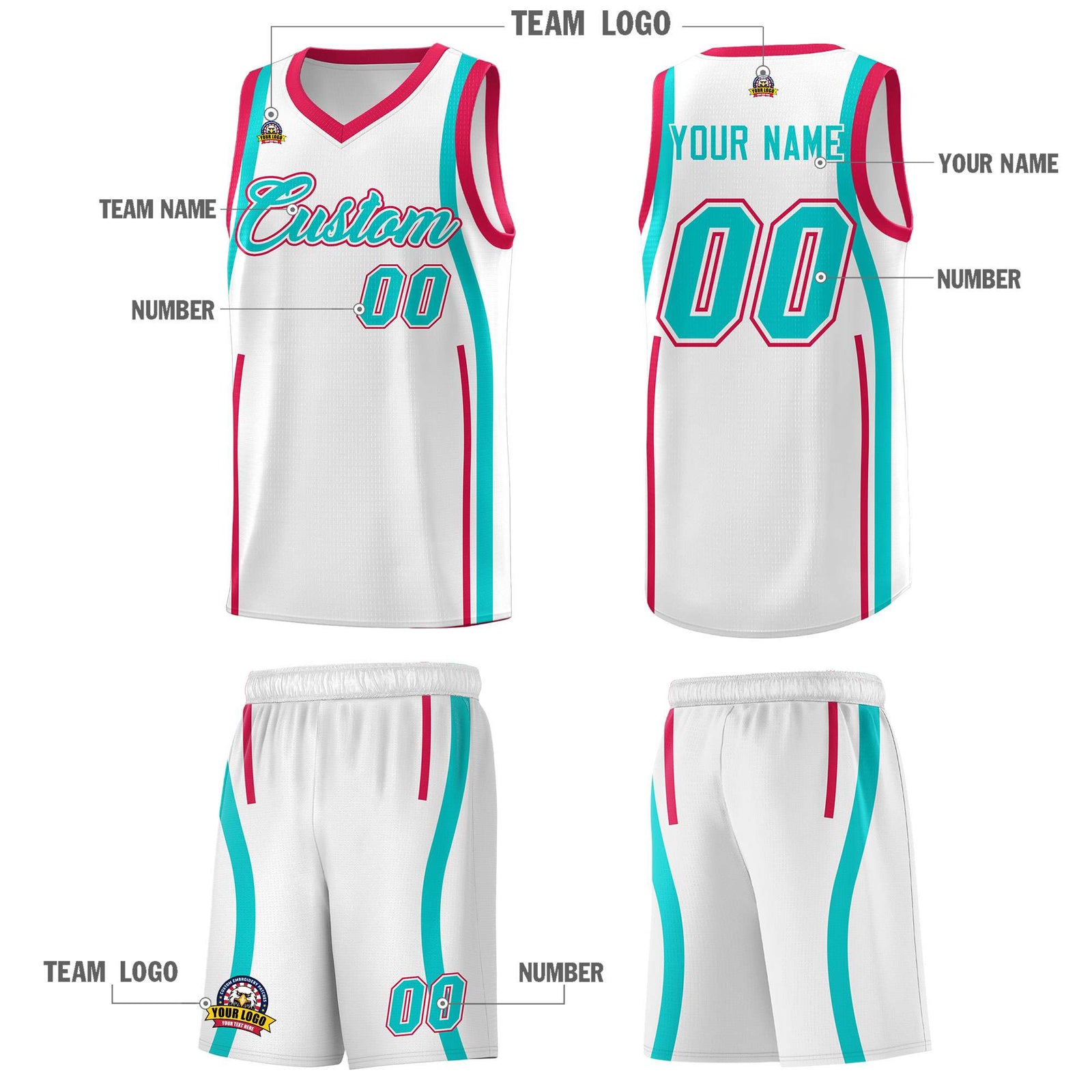 Custom White Aqua-Red Ribbon Pattern Basketball Kits