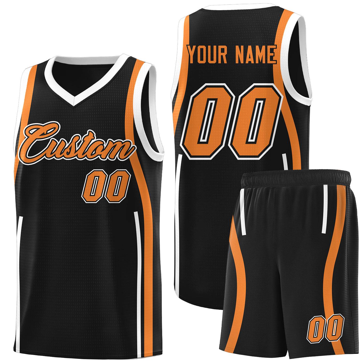 Custom Black Gold Orange-White Ribbon Pattern Basketball Kits